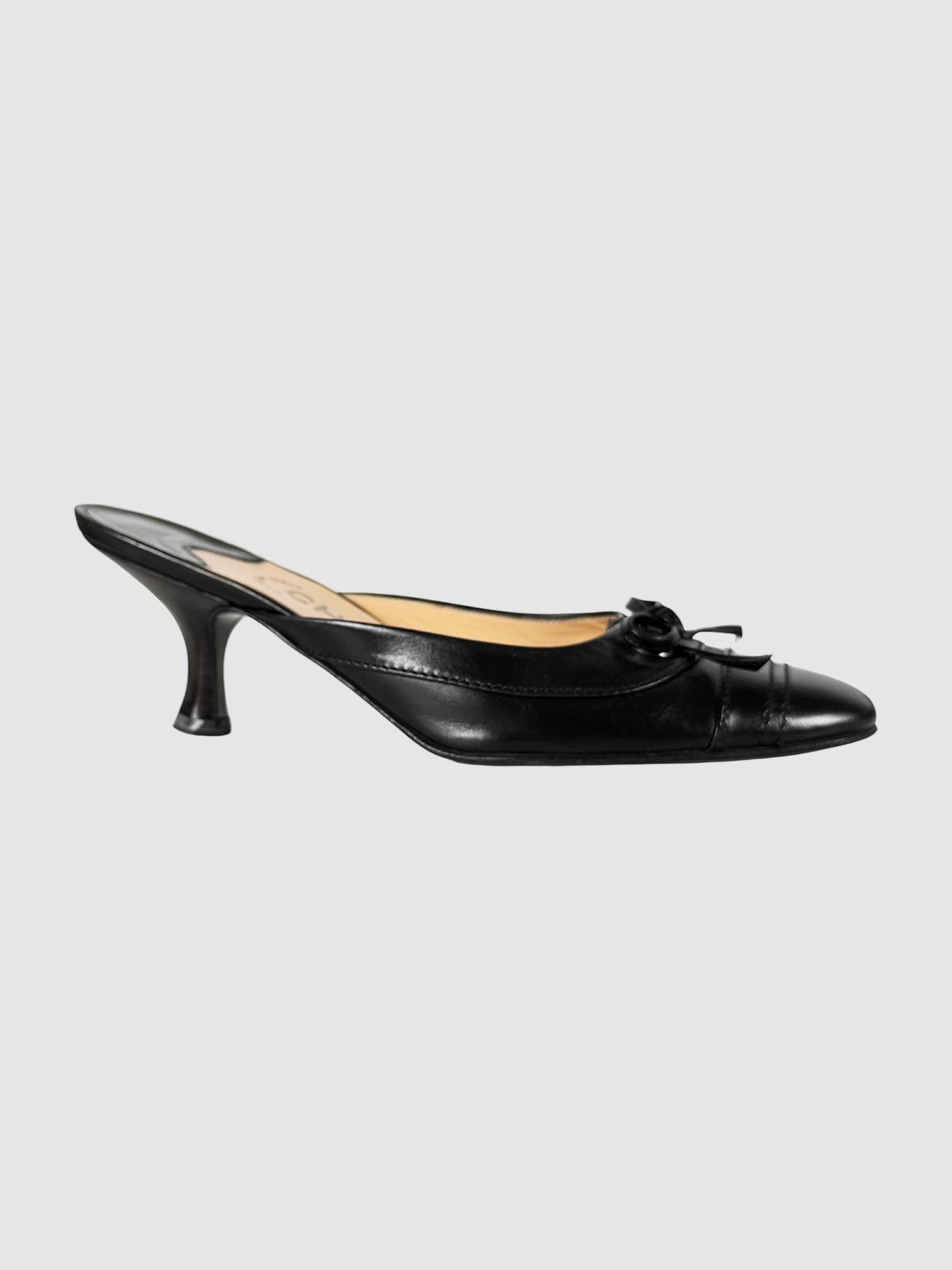 Chanel Black Leather Cap Toe Kitten Heel Mules, Size 36.5 Luxury Designer Resale Secondhand Toronto Canada