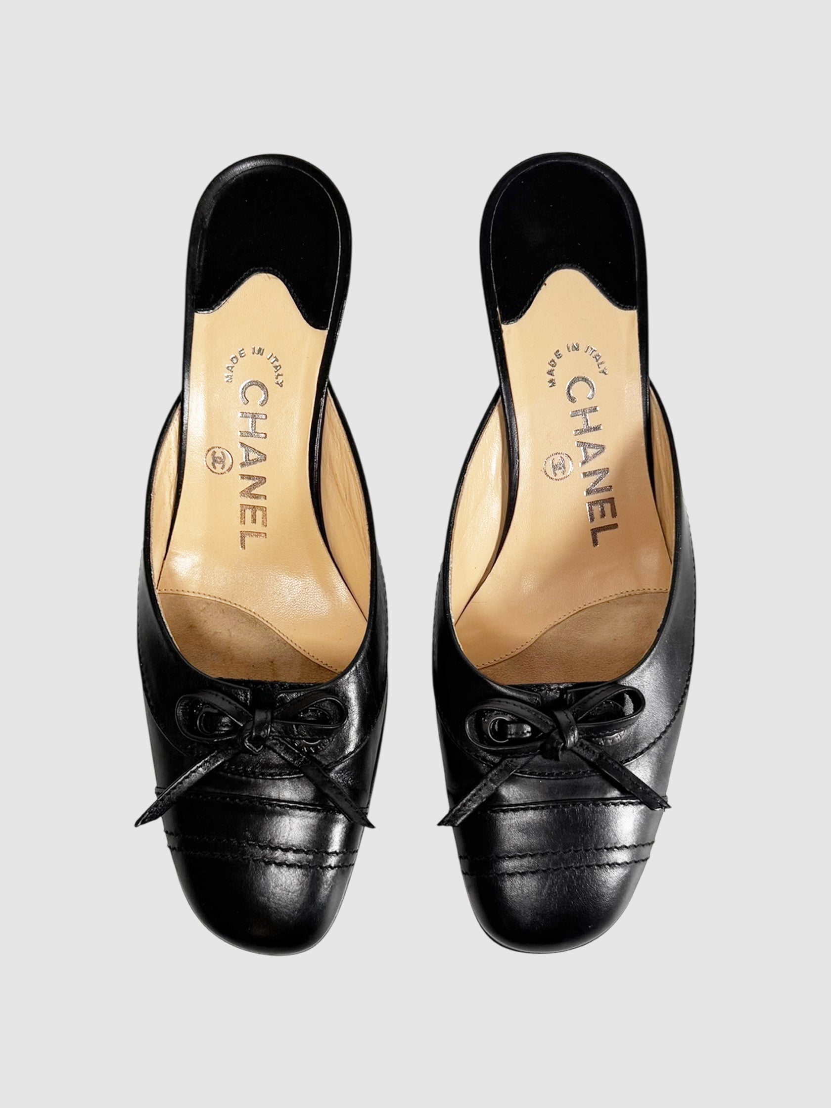 Chanel Black Leather Cap Toe Kitten Heel Mules, Size 36.5 Luxury Designer Resale Secondhand Toronto Canada