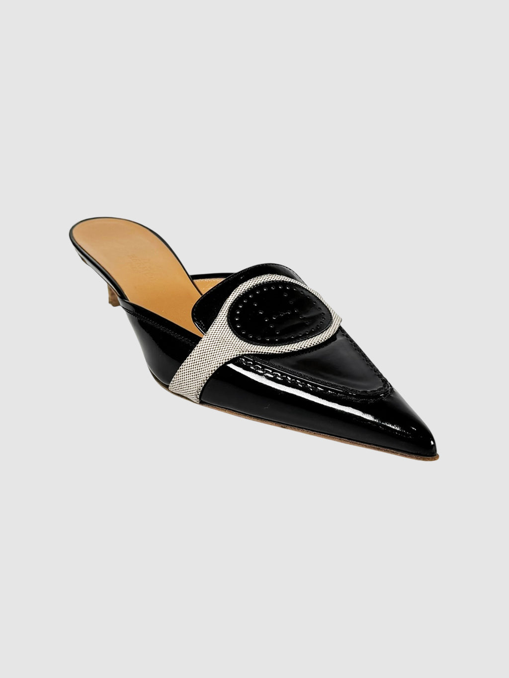 Hermès Black H Patent Leather Kitten Heel Mules, Size 36.5 Luxury Designer Resale Toronto Canada Secondhand