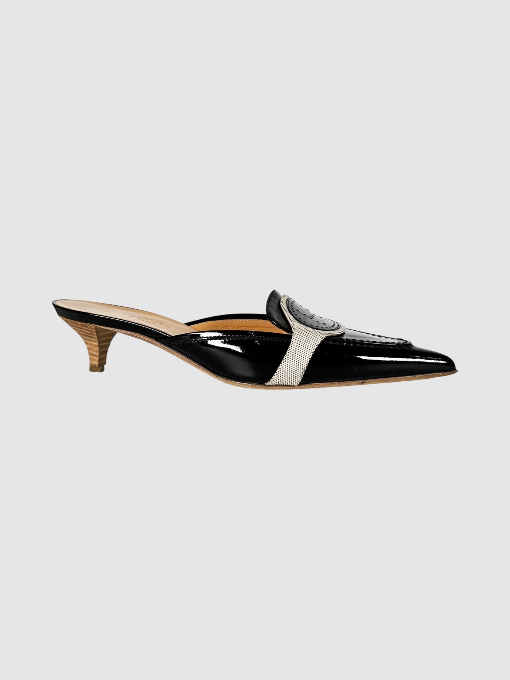 Hermès Black H Patent Leather Kitten Heel Mules, Size 36.5 Luxury Designer Resale Toronto Canada Secondhand