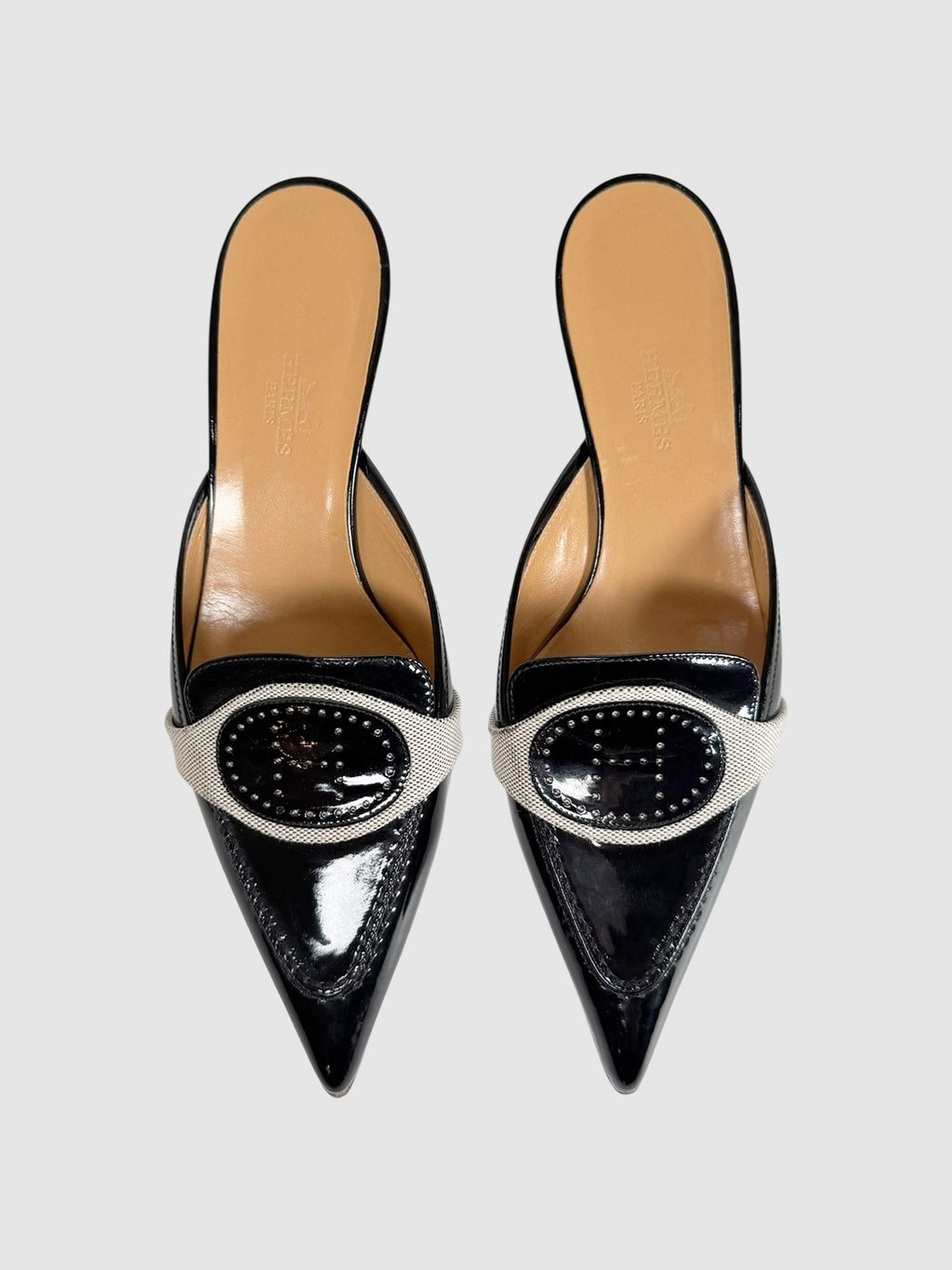 Hermès Black H Patent Leather Kitten Heel Mules, Size 36.5 Luxury Designer Resale Toronto Canada Secondhand
