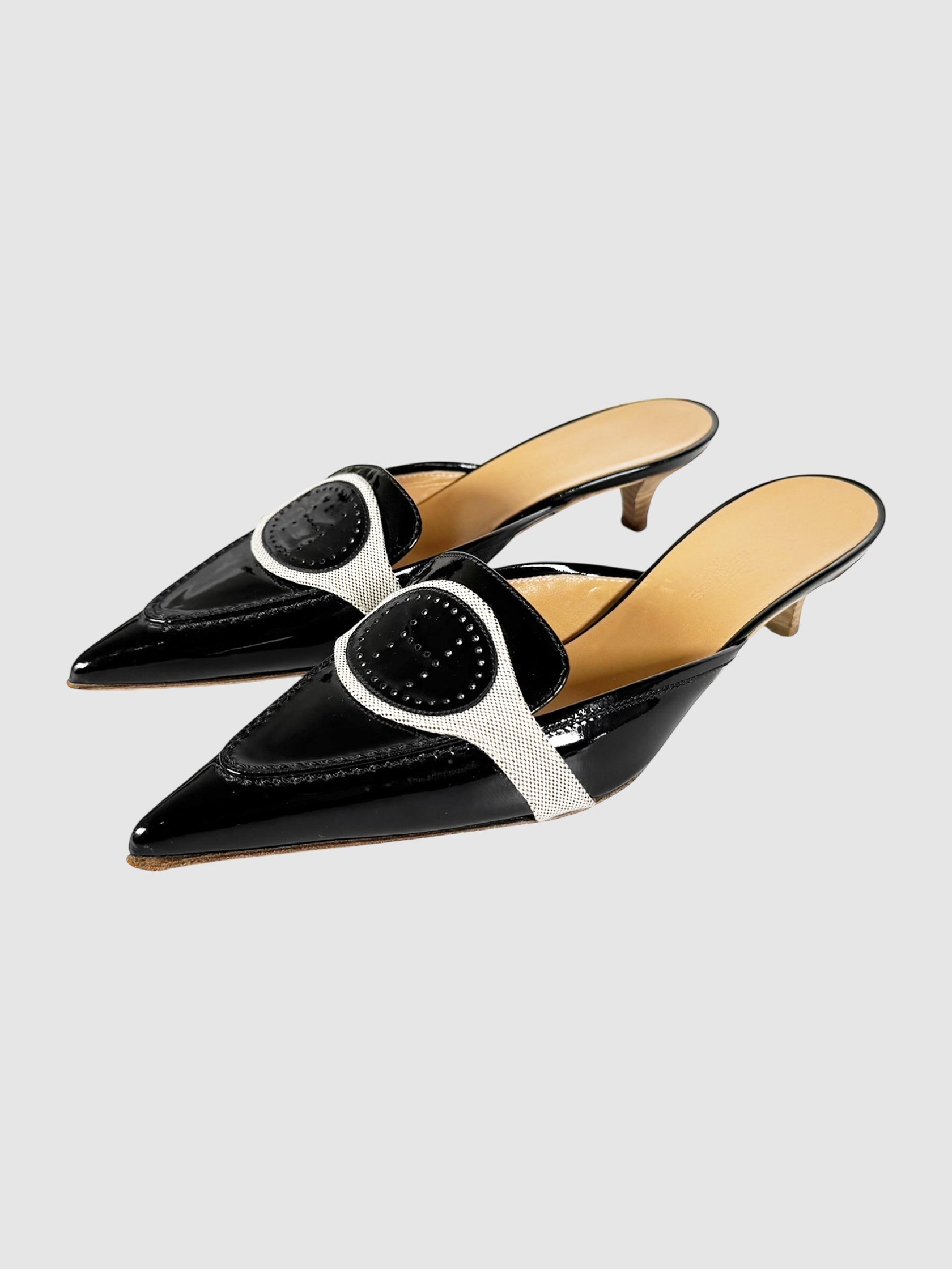 Hermès Black H Patent Leather Kitten Heel Mules, Size 36.5 Luxury Designer Resale Toronto Canada Secondhand