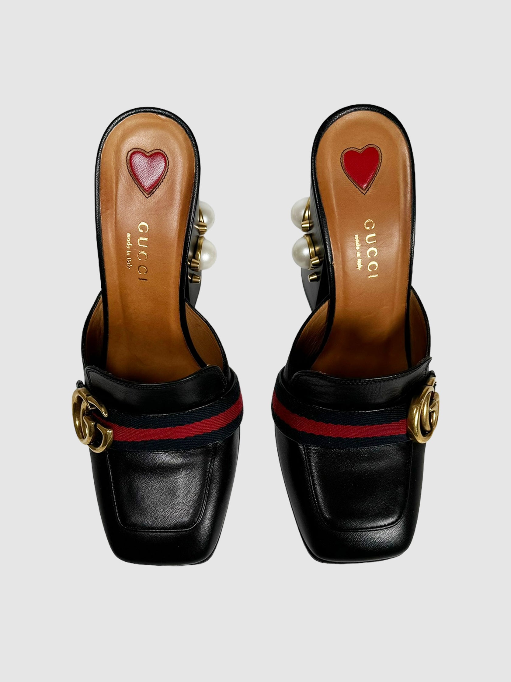 Gucci Peyton Pearl Thick Heel Mules, Size 37 Consignment Secondhand Designer Luxury Resale Toronto Trendy