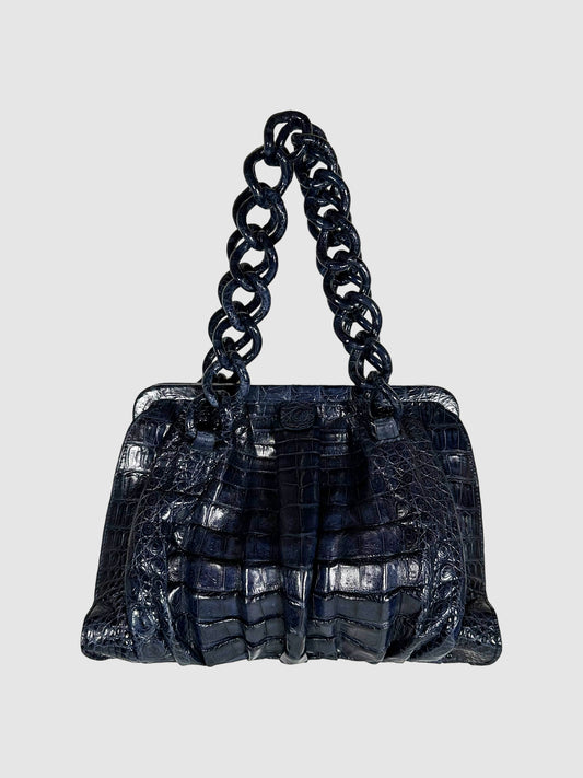 Nancy Gonzalez Navy Blue Small Crocodile Leather Hand Bag Consignment Secondhand Designer Luxury Resale Toronto Trendy