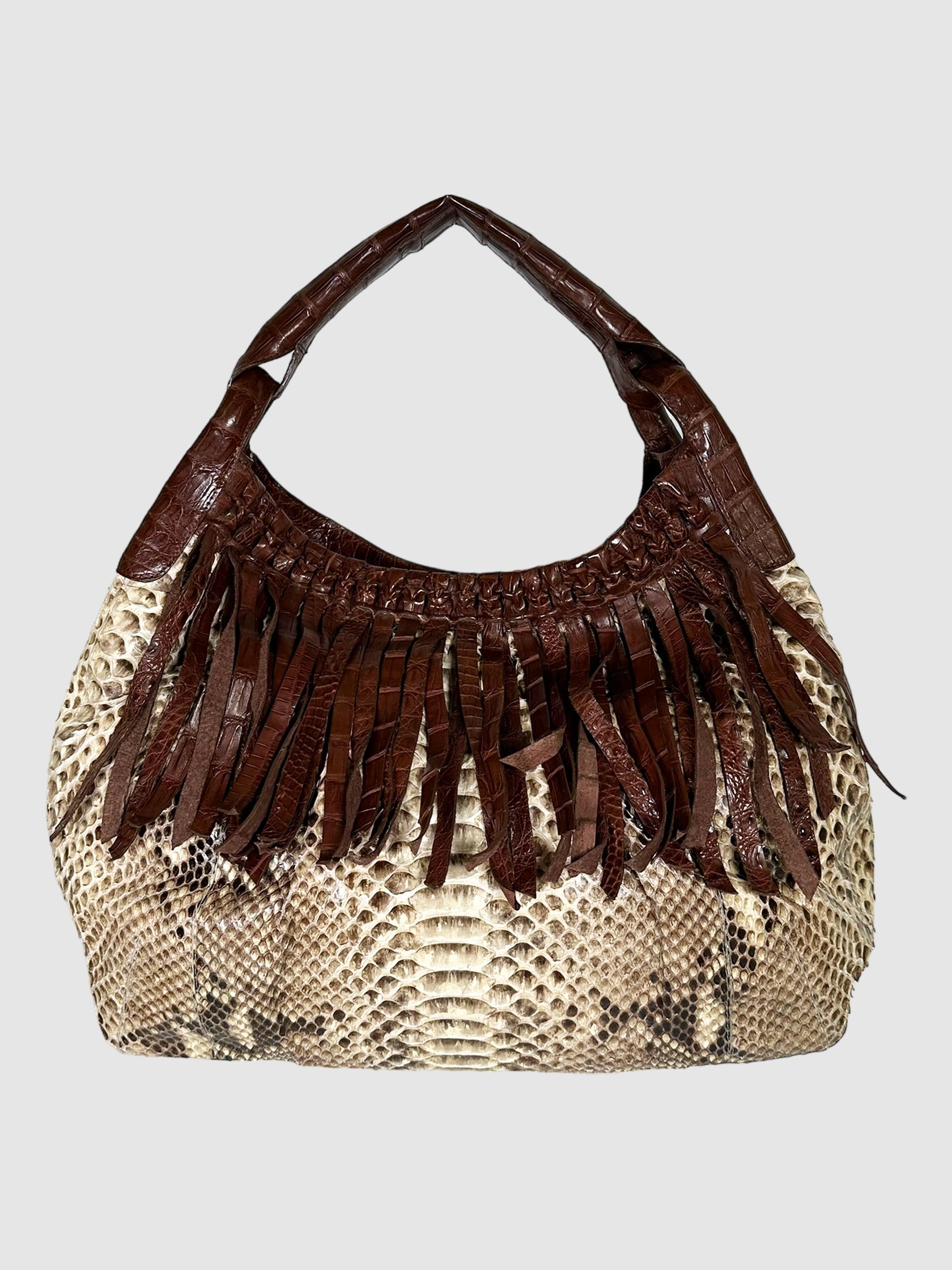 Nancy Gonzalez Brown Crocodile and Python Leather Bag with Fringe Consignment Secondhand Designer Luxury Resale Toronto Trendy