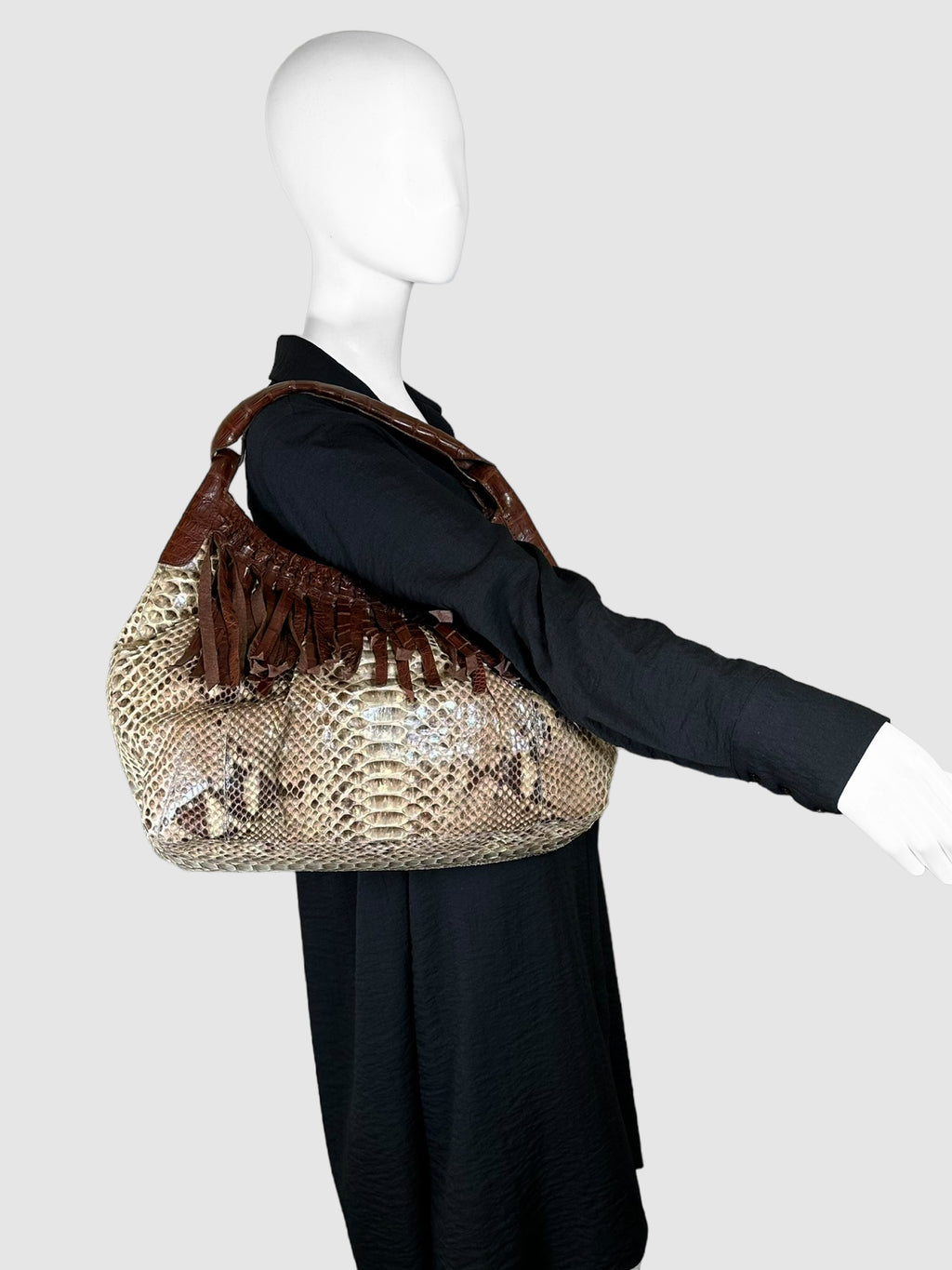Nancy Gonzalez Brown Crocodile and Python Leather Bag with Fringe Consignment Secondhand Designer Luxury Resale Toronto Trendy