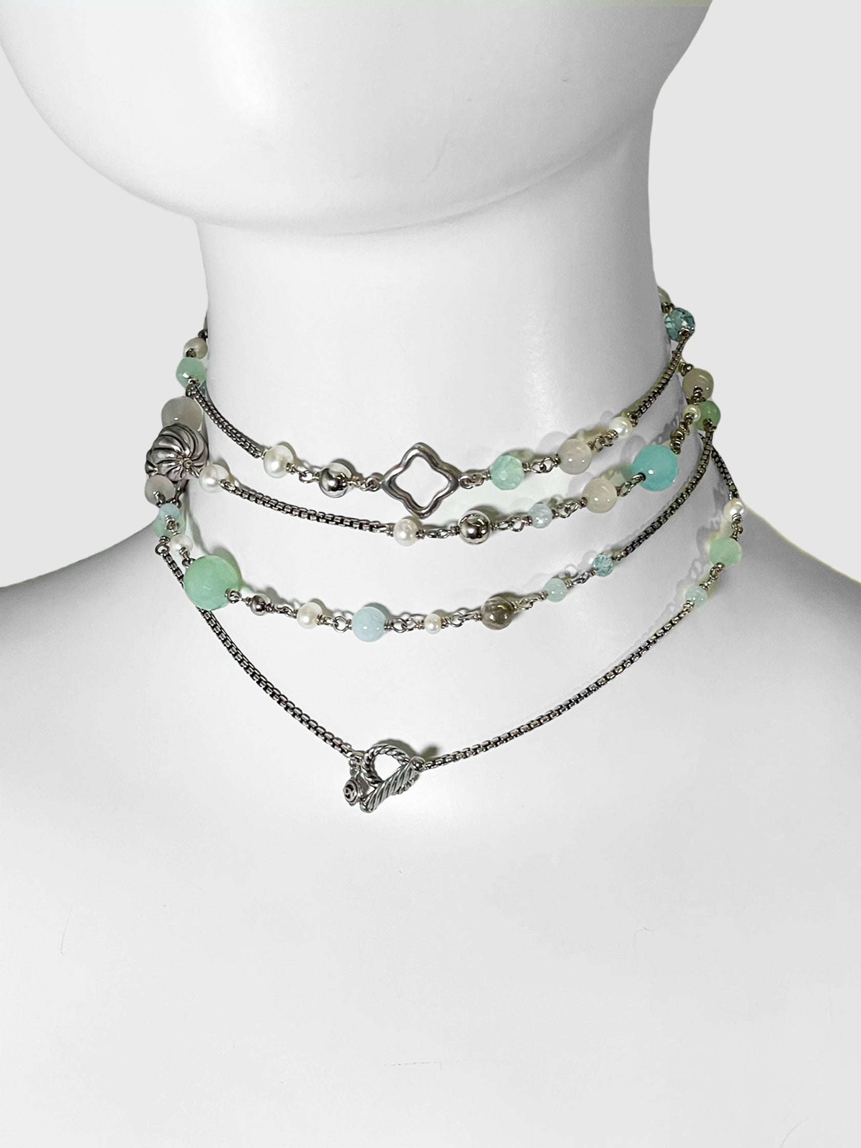 Silver Pearl Aquamarine Chalcedony 14MM Quatrefoil Necklace