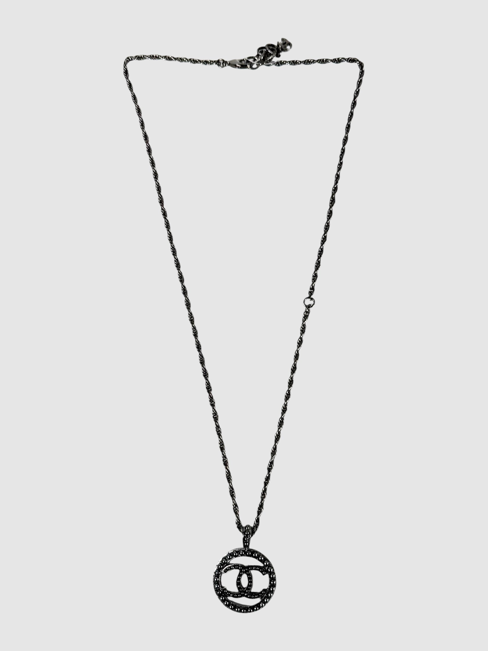 Chanel 2017 Pewter CC Round Ruthenium Pendant Necklace luxury designer resale consignment toronto canada secondhand 