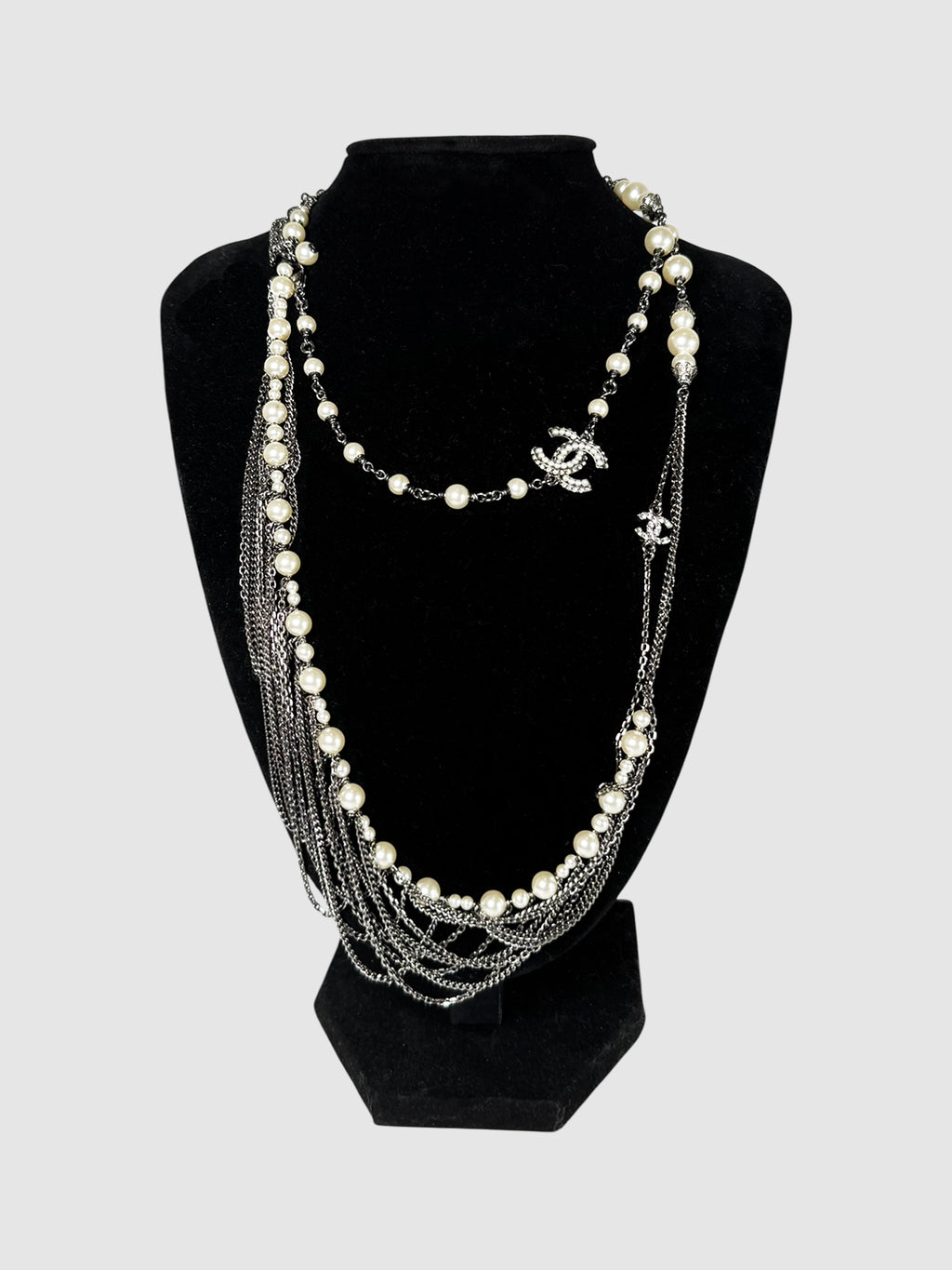 Chanel 2016 Silver-Tone Chain and Pearl Embellished CC Long Necklace Luxury Designer Resale Consignment Secondhand Accessories Toronto Canada