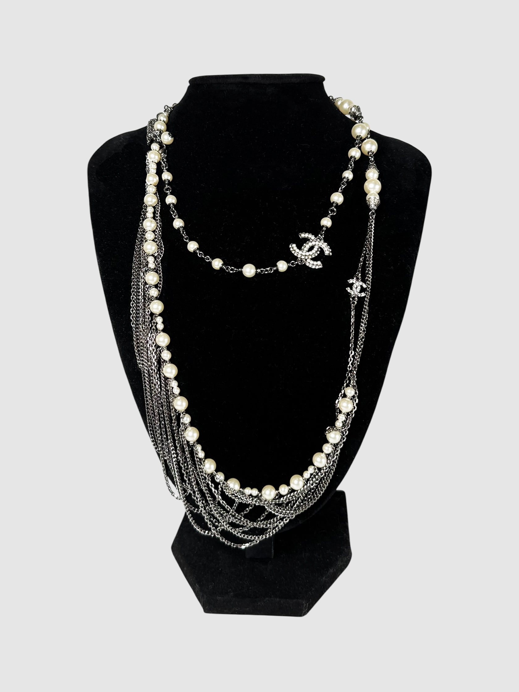 Chanel 2016 Silver-Tone Chain and Pearl Embellished CC Long Necklace Luxury Designer Resale Consignment Secondhand Accessories Toronto Canada