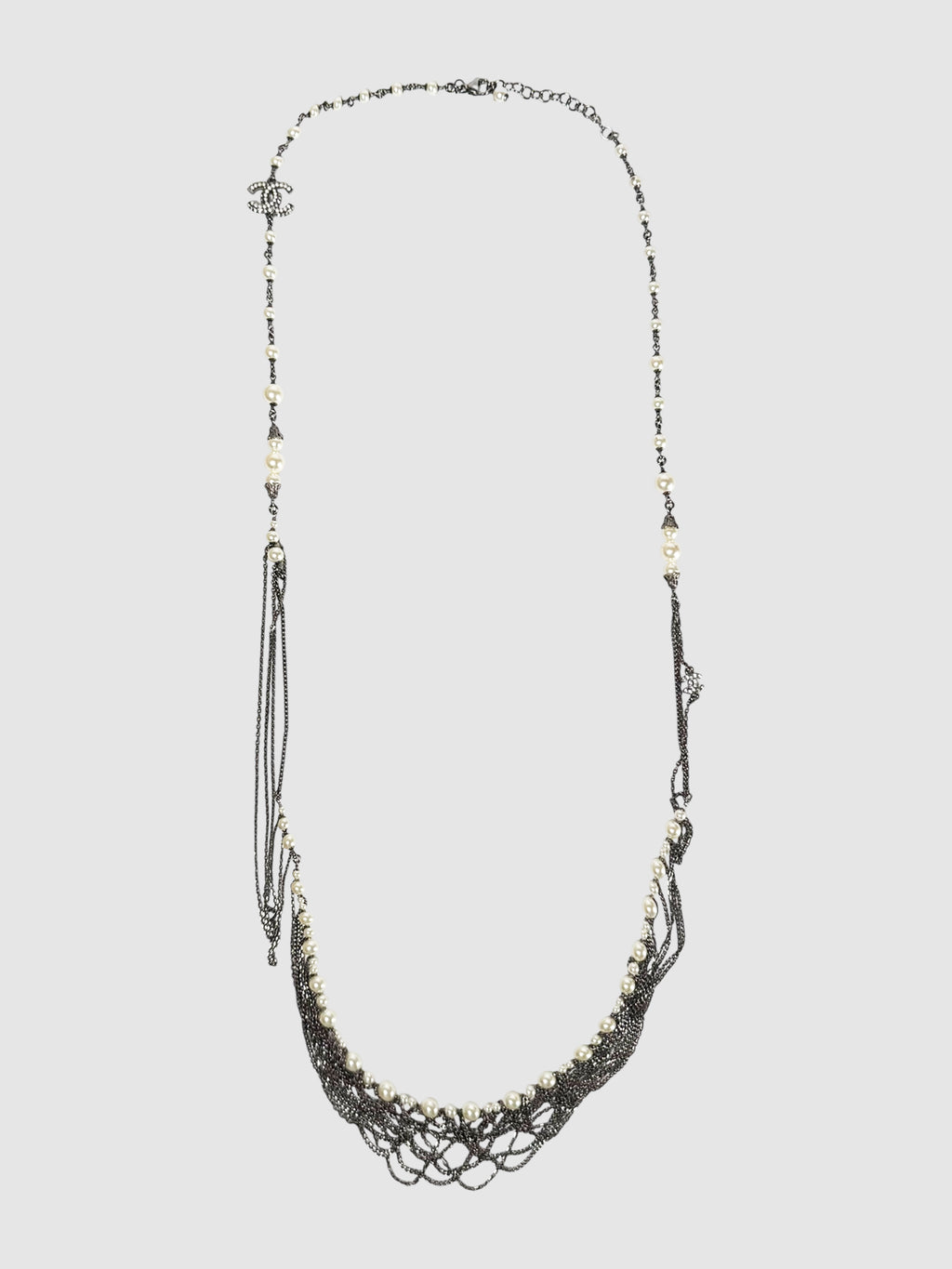 Chanel 2016 Silver-Tone Chain and Pearl Embellished CC Long Necklace Luxury Designer Resale Consignment Secondhand Accessories Toronto Canada