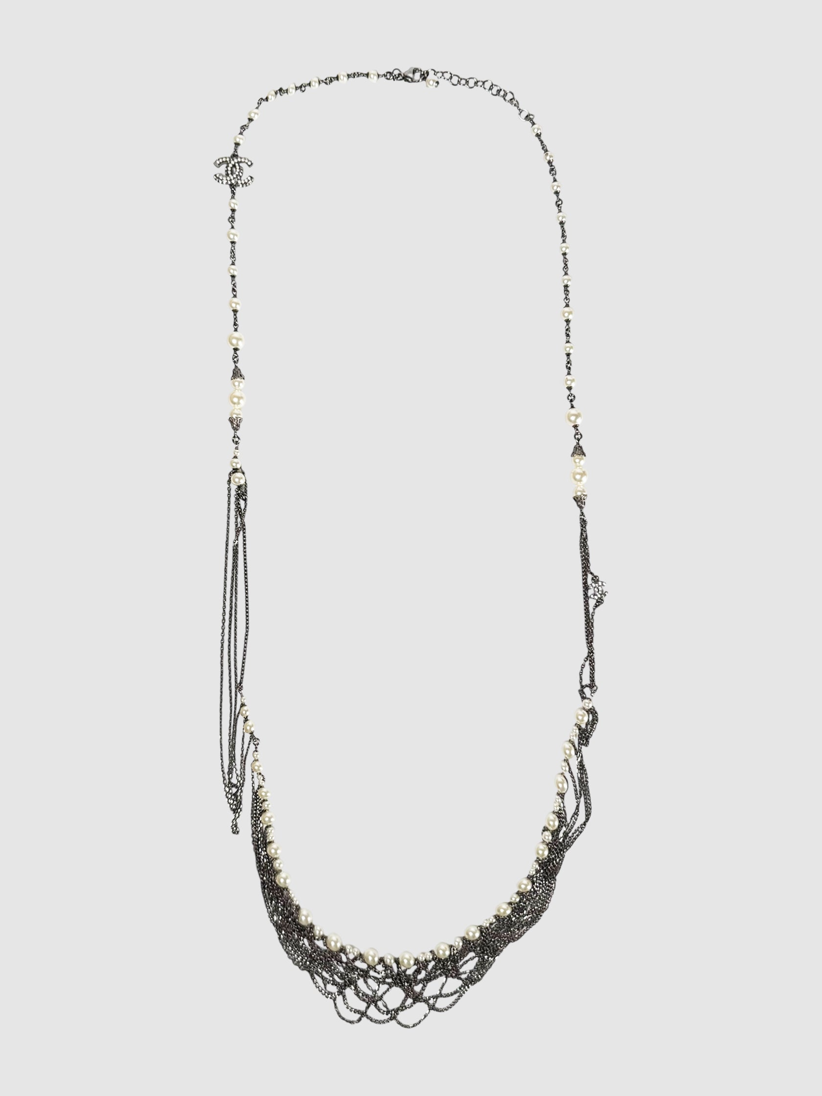 Chanel 2016 Silver-Tone Chain and Pearl Embellished CC Long Necklace Luxury Designer Resale Consignment Secondhand Accessories Toronto Canada