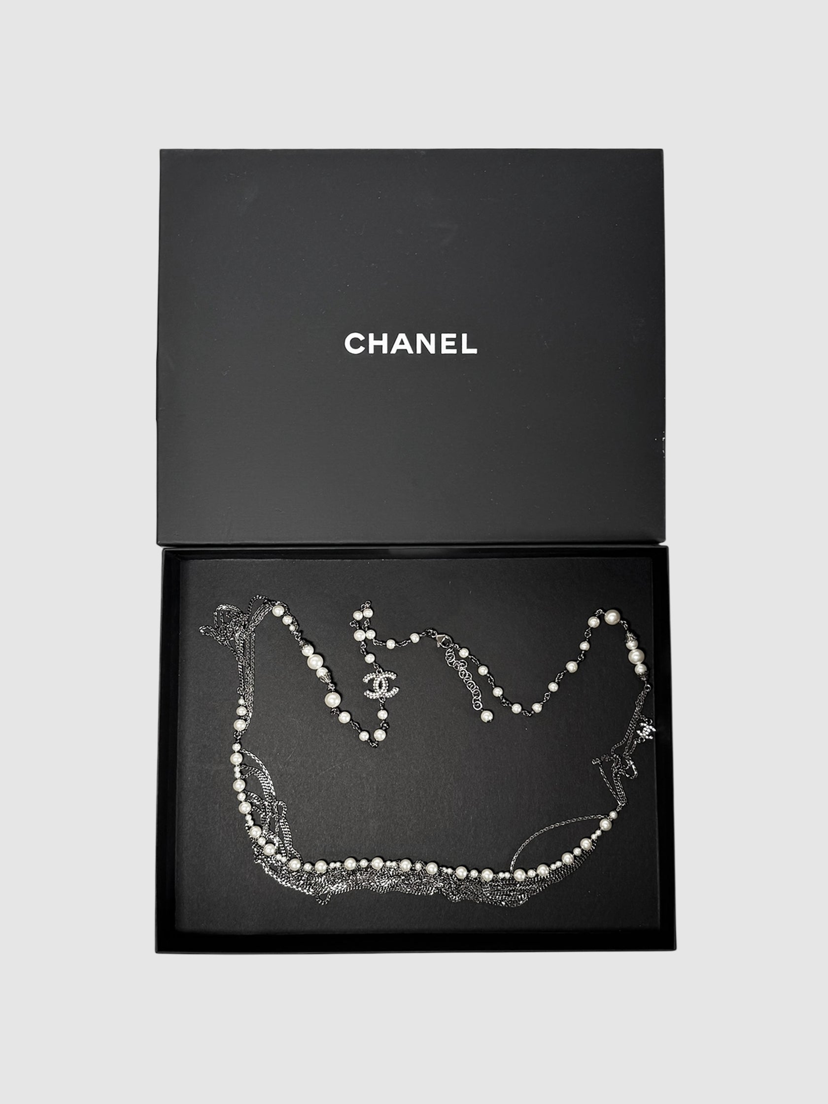 Chanel 2016 Silver-Tone Chain and Pearl Embellished CC Long Necklace Luxury Designer Resale Consignment Secondhand Accessories Toronto Canada