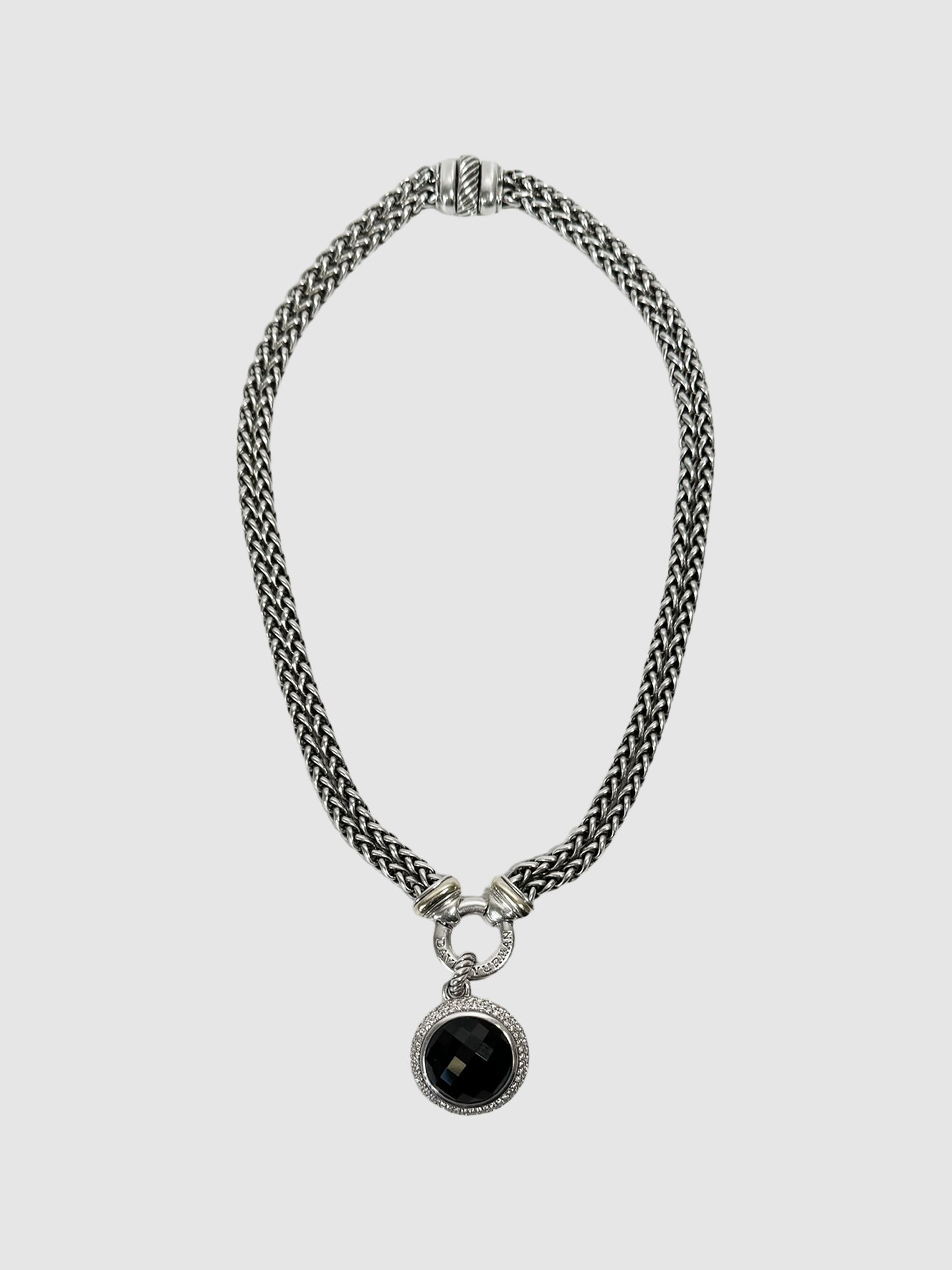 David Yurman Cerise Black Onyx and Diamonds 18mm Pendant, and Sterling Silver Double Chain Necklace