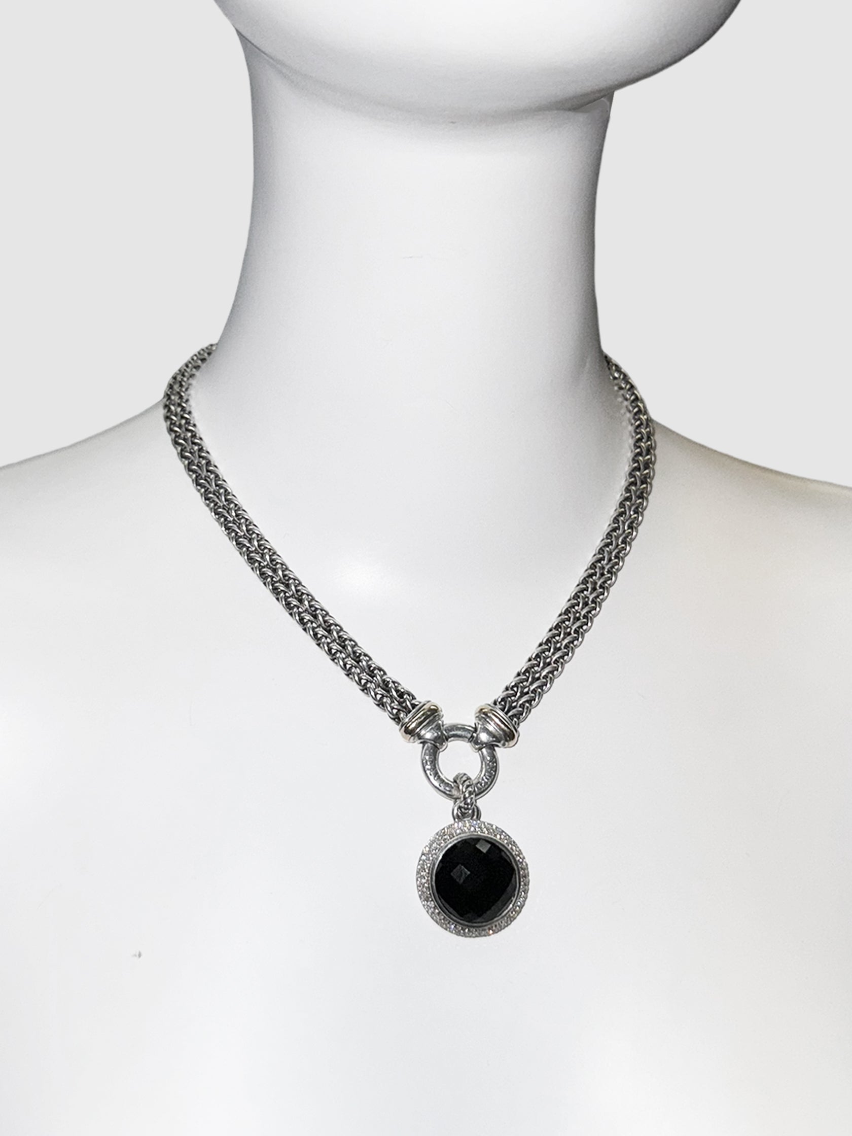 David Yurman Cerise Black Onyx and Diamonds 18mm Pendant, and Sterling Silver Double Chain Necklace