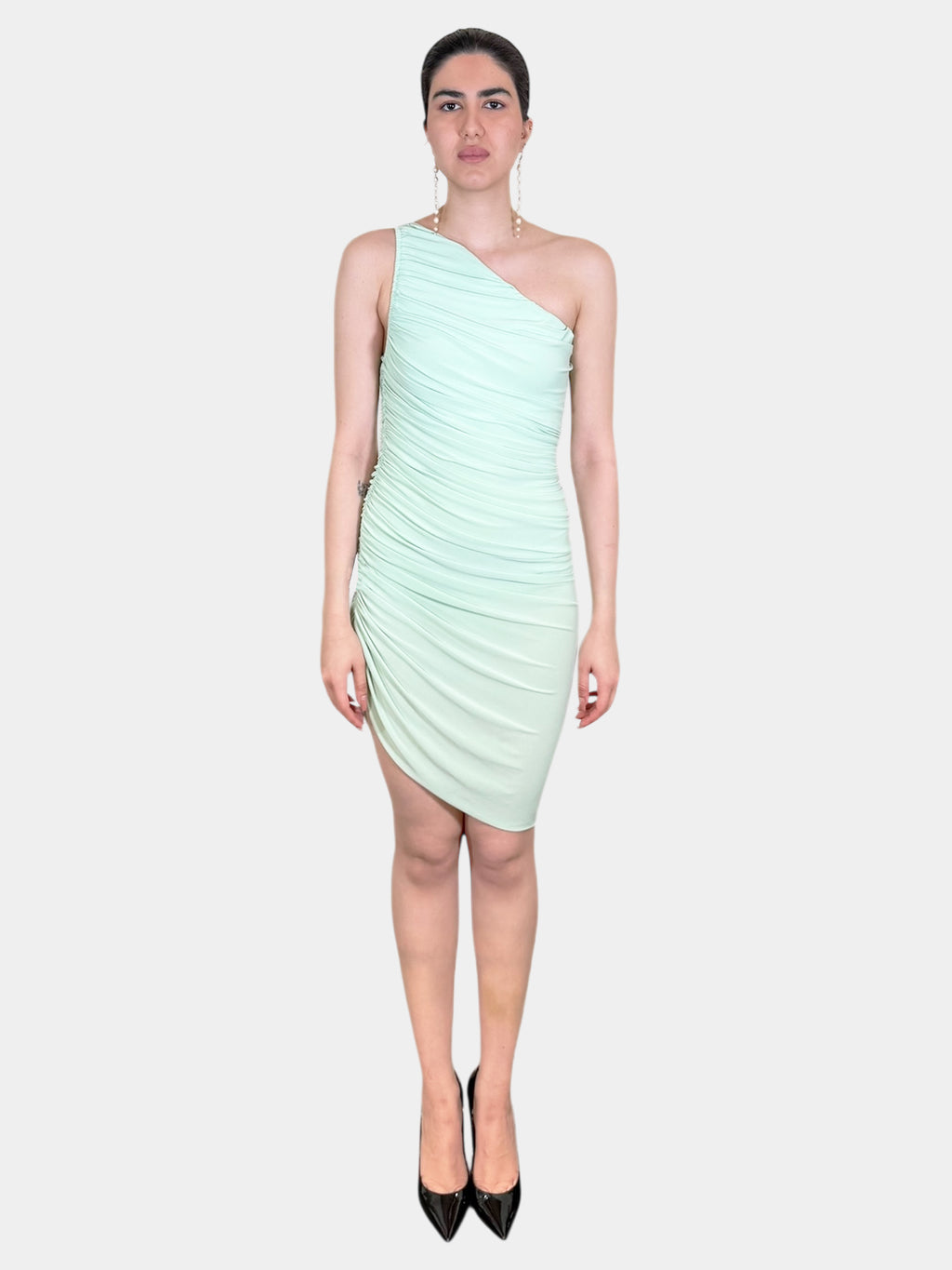 Norma Kamali Mint Green One-Shoulder Diana Bodycon Draped Ruched Mini Dress, Size Small Luxury Designer Resale Consignment Toronto