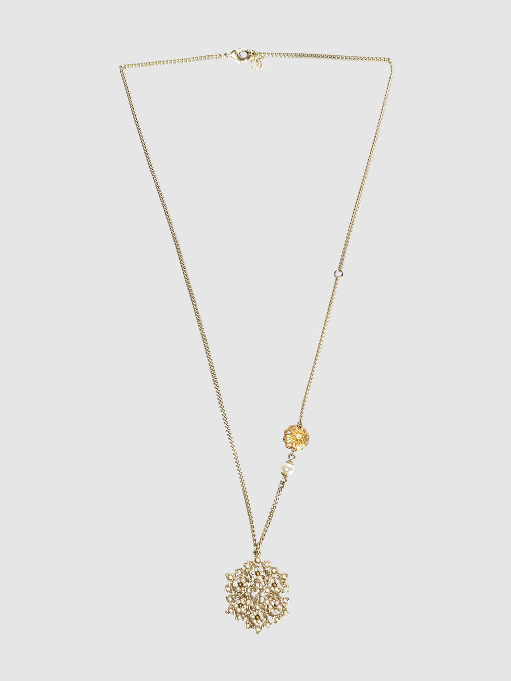 Chanel 2019 Gold-Tone Floral Snowflake CC Pendant Necklace Luxury Designer Resale Consignment Toronto Canada Secondhand Accessories Jewellery