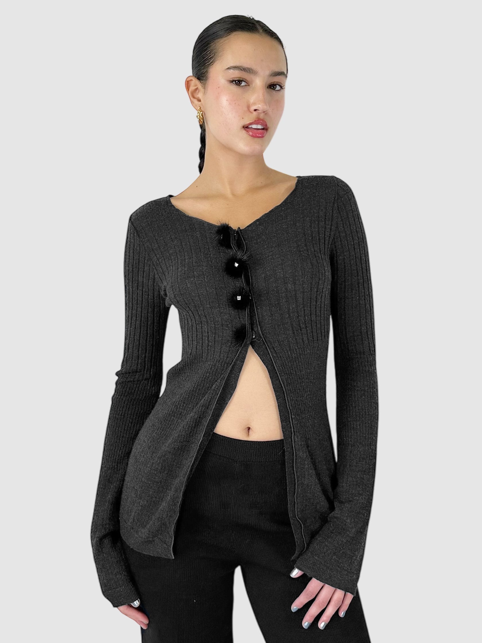 Ribbed Pompom Button Cardigan - Size S