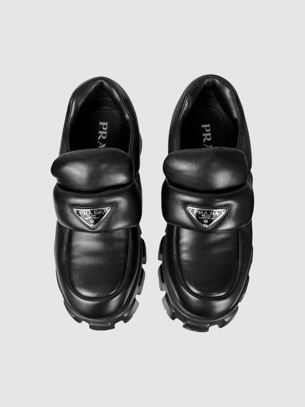 Prada Black Soft Padded Nappa Leather Loafers, Size 37.5 luxury designer resale consignment toronto Canada secondhand