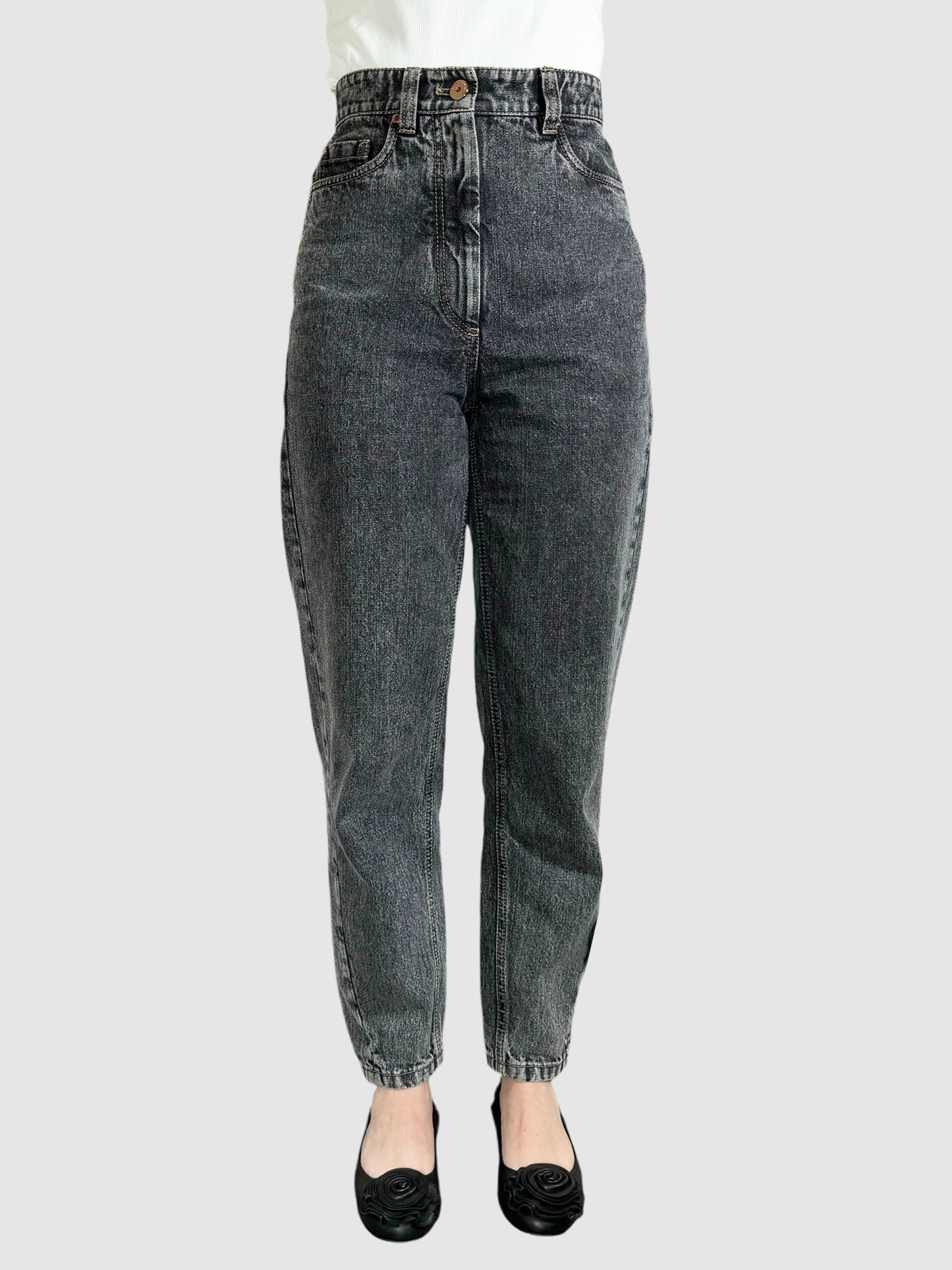 Brunello Cucinelli Faded Black Stonewash Tapered Denim Pants High Waisted Designer Jeans Luxury Consignment Resale Toronto