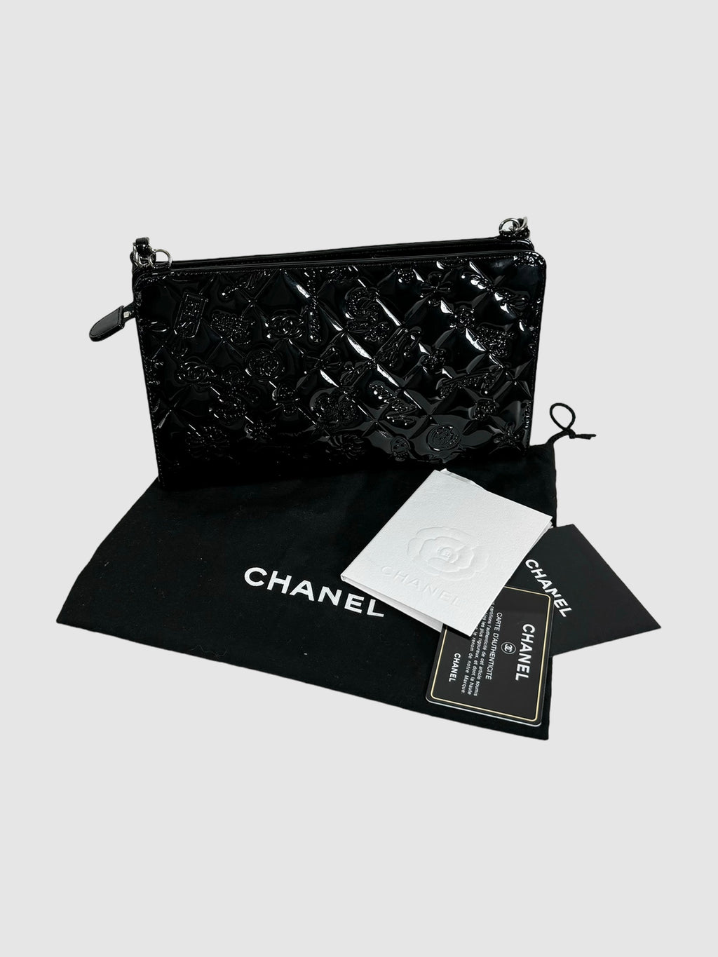 Chanel 2009 Patent Calfskin Lucky Symbols Pochette in Black Consignment Secondhand Designer Luxury Resale Toronto Trendy