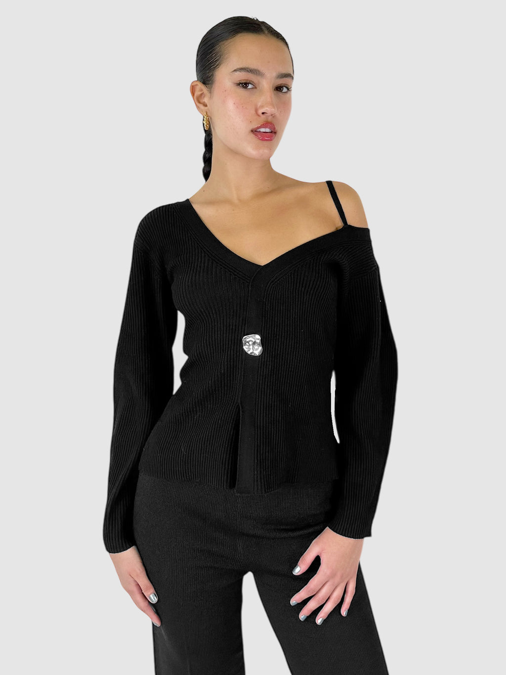 Abstract Button Wool Ribbed Cardigan