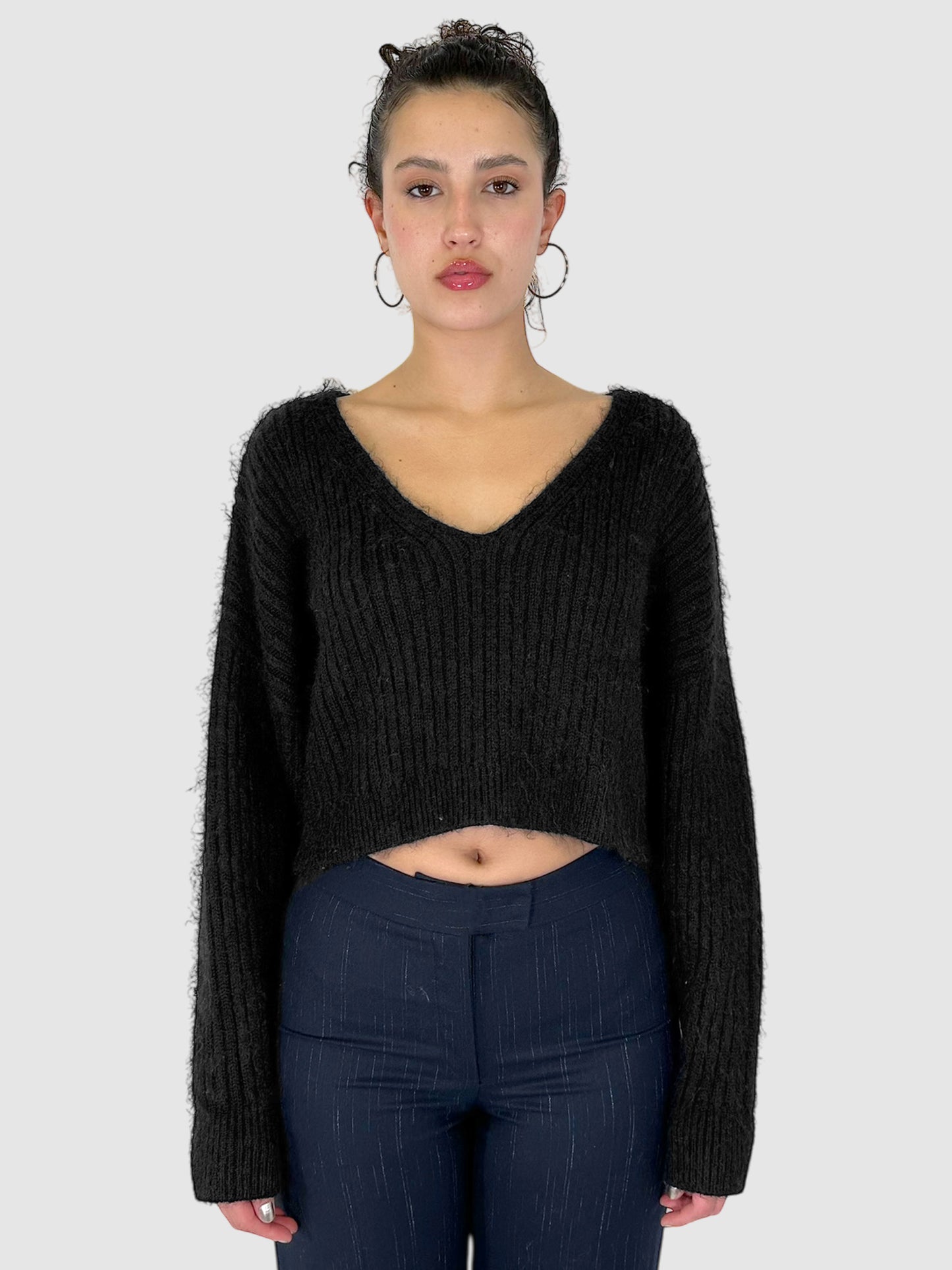 Cropped Ribbed Fuzzy Sweater - Size S