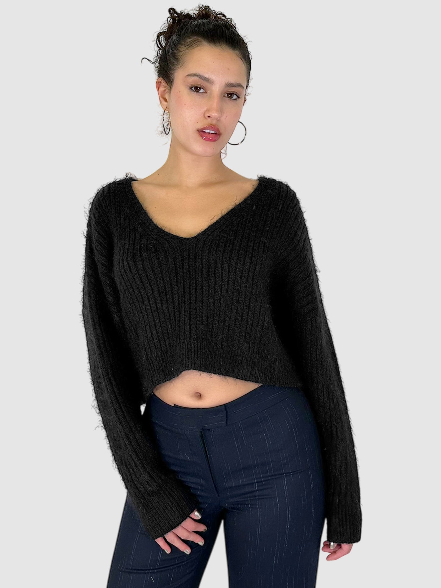 Cropped Ribbed Fuzzy Sweater - Size S