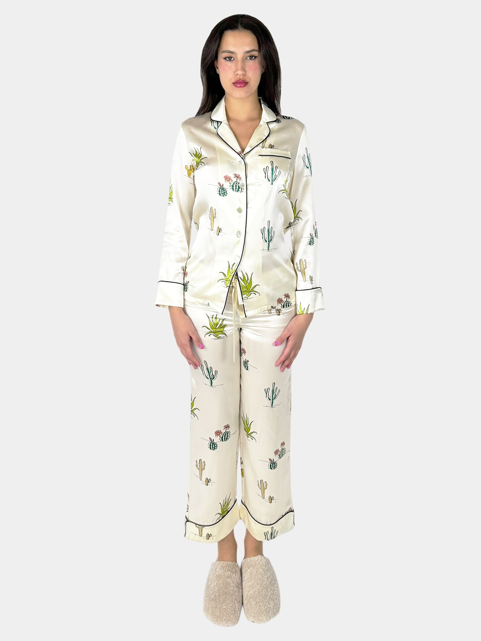 Cactus Print Silk Pyjama 2-Piece Set