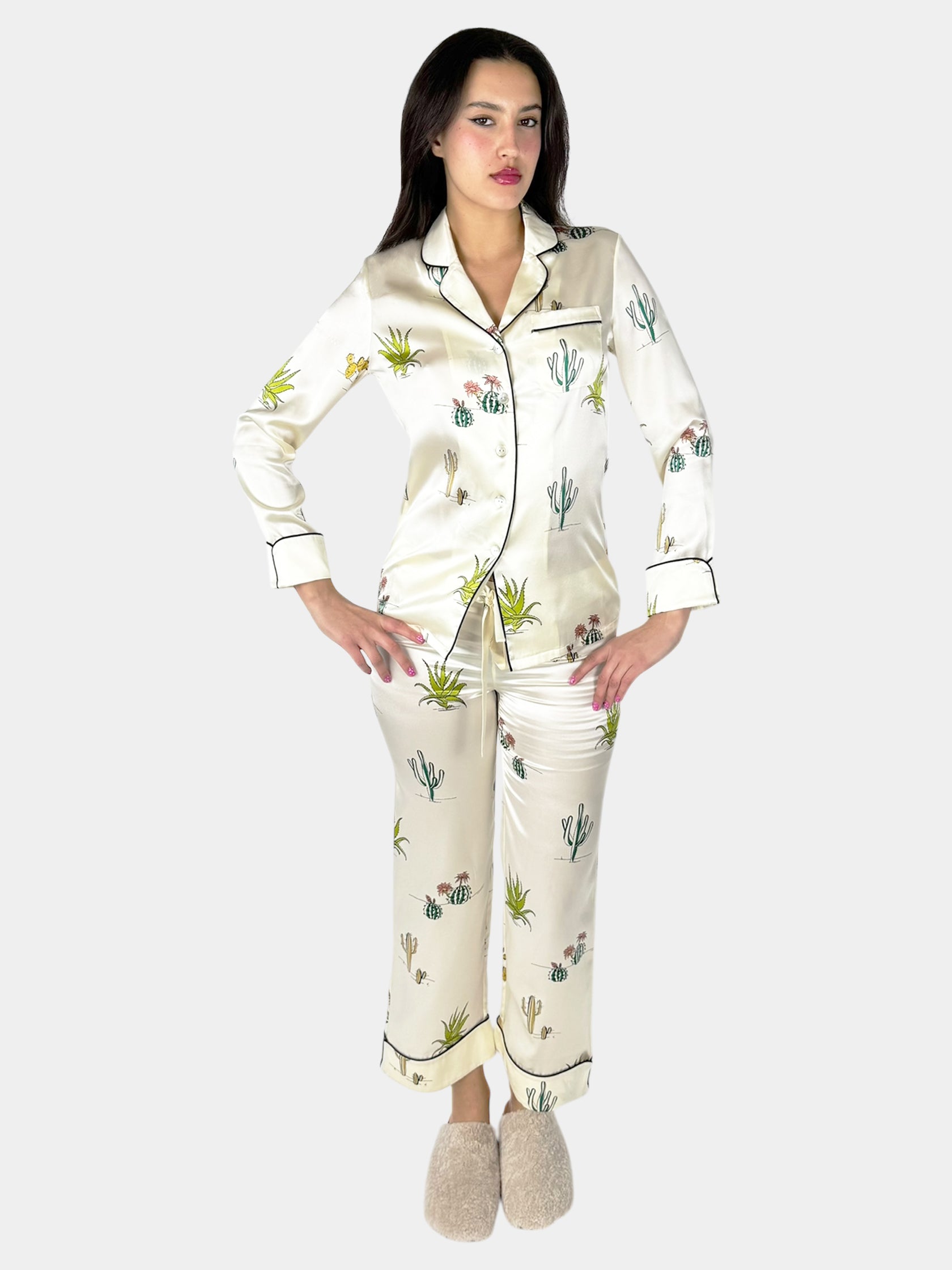 Cactus Print Silk Pyjama 2-Piece Set