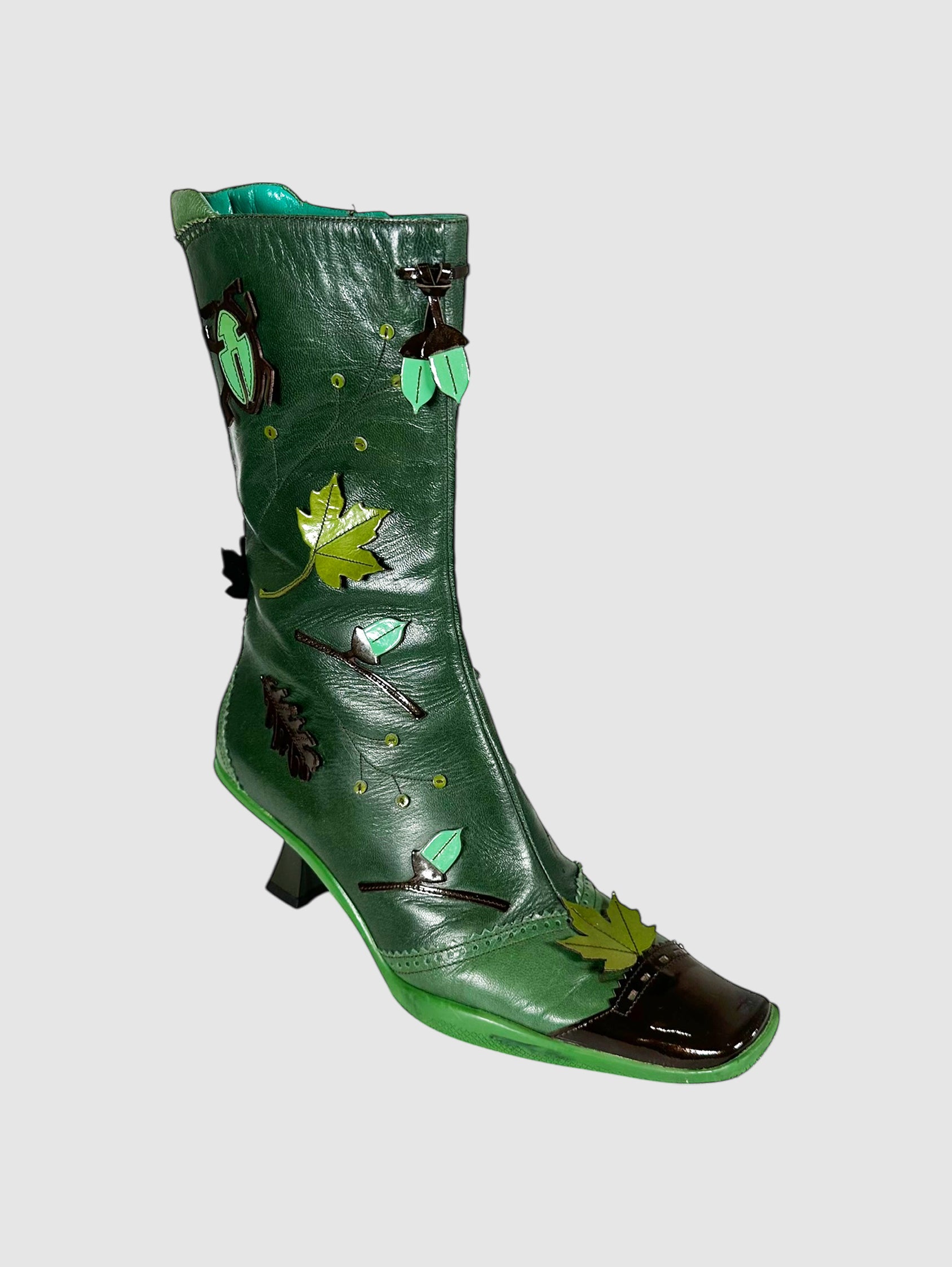 Prada Green Leather Fall/Winter 1999 Forest Design Heeled Boots - Size 38 Luxury Designer Resale Consignment Toronto Canada