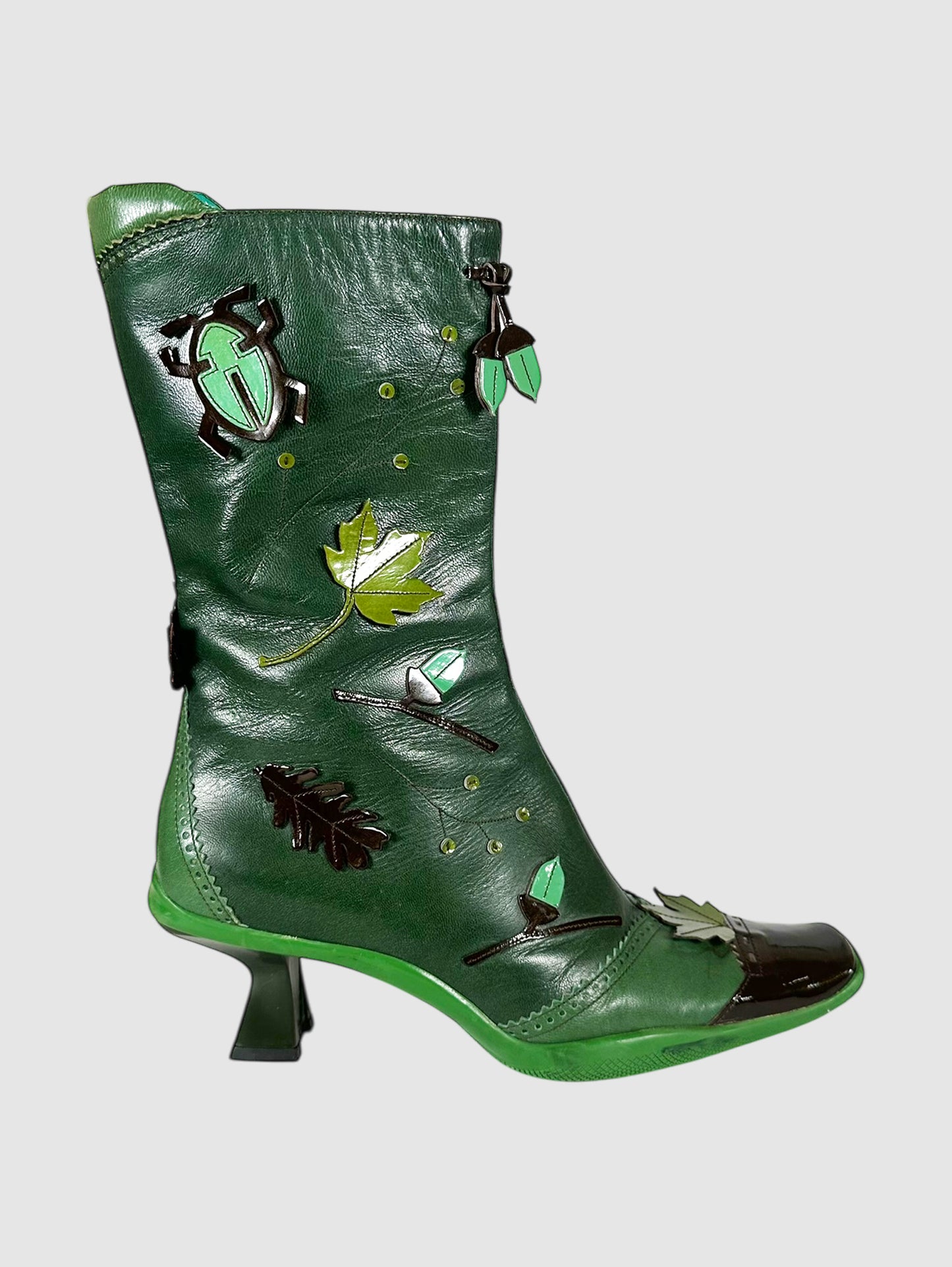 Prada Green Leather Fall/Winter 1999 Forest Design Heeled Boots - Size 38 Luxury Designer Resale Consignment Toronto Canada