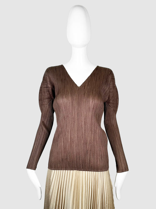 Pleats Please Brown Pleated Long Sleeve Top Size 3 Consignment Secondhand Designer Luxury Resale Toronto Trendy