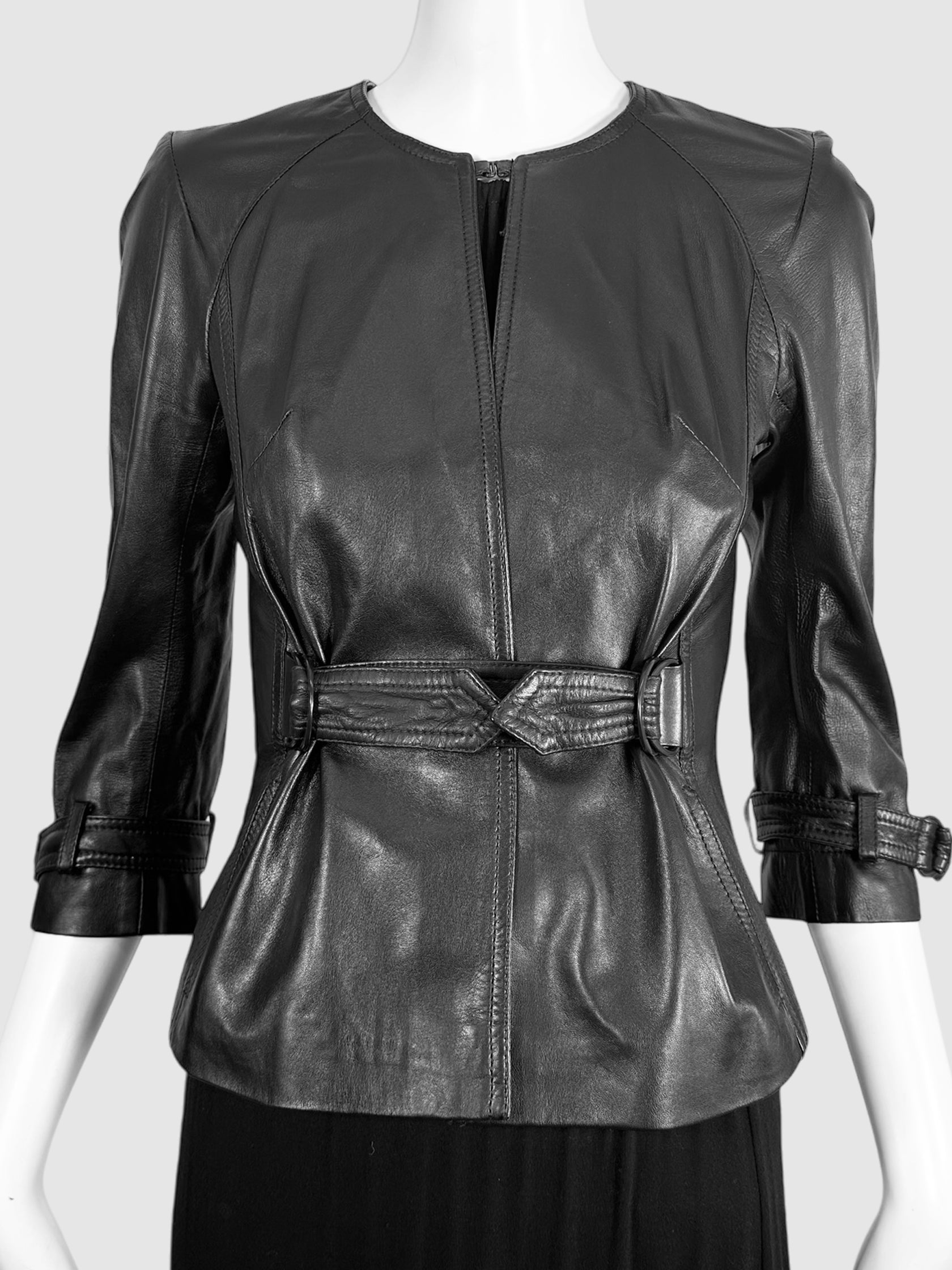 Leather Belted Jacket - Size 38