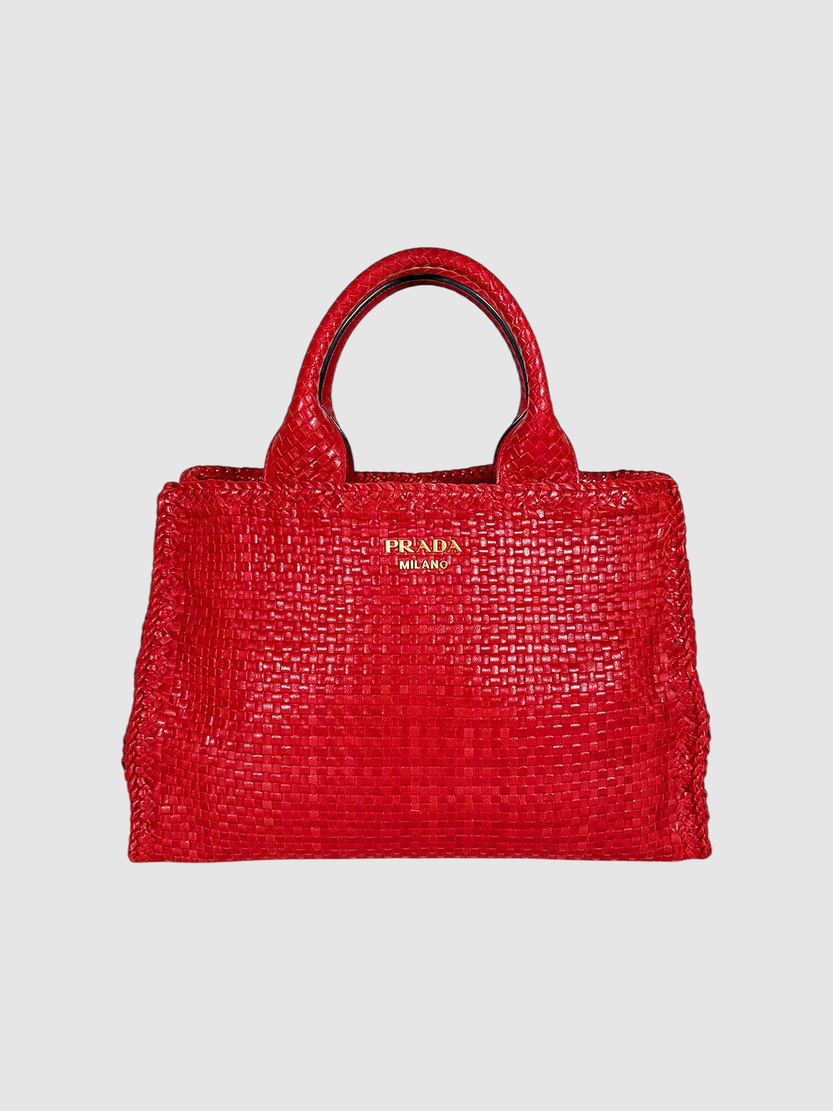 Prada Red Woven Leather Madras Tote Bag Luxury Designer Resale Consignment Toronto