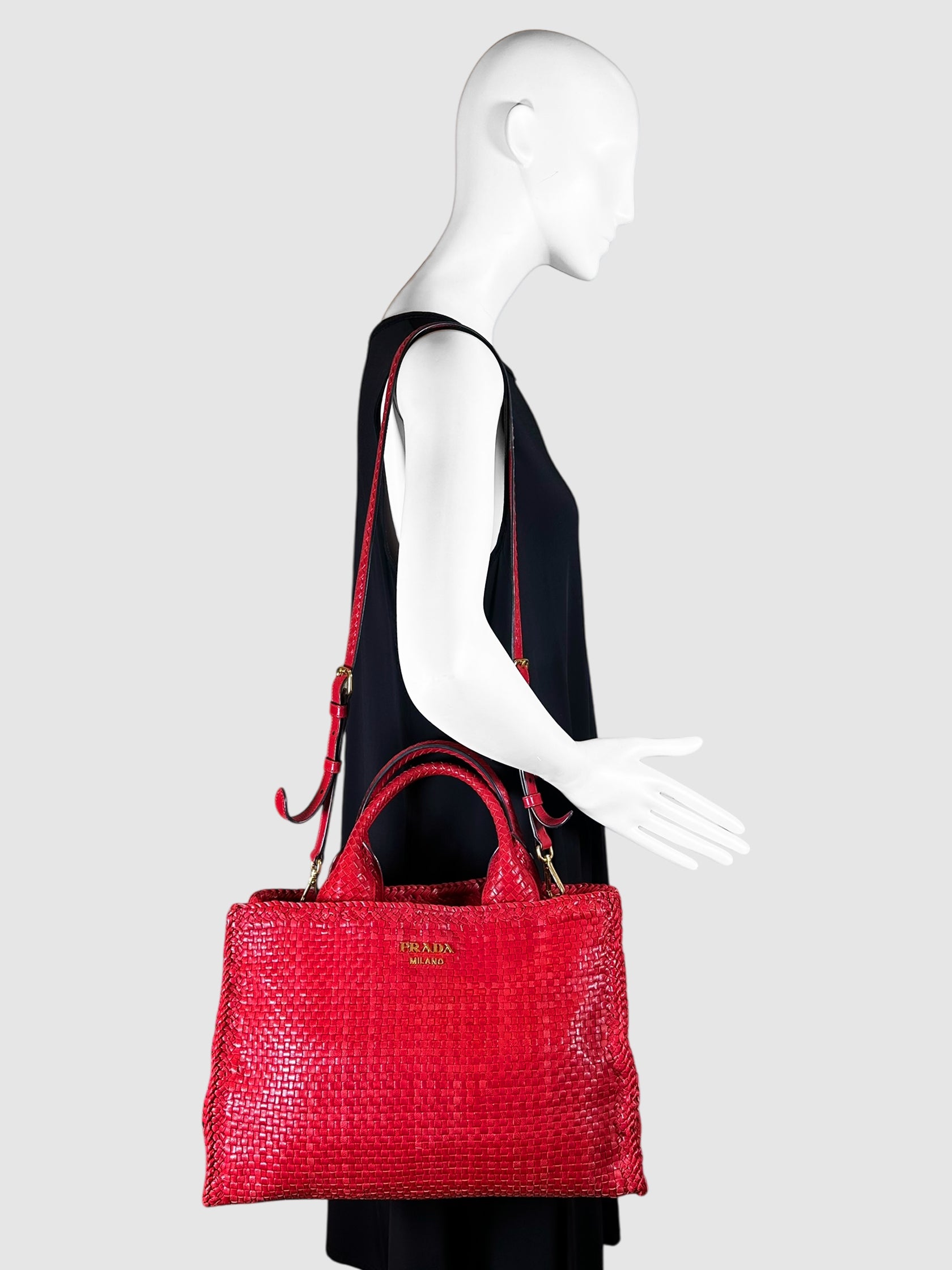 Prada Red Woven Leather Madras Tote Bag Luxury Designer Resale Consignment Toronto