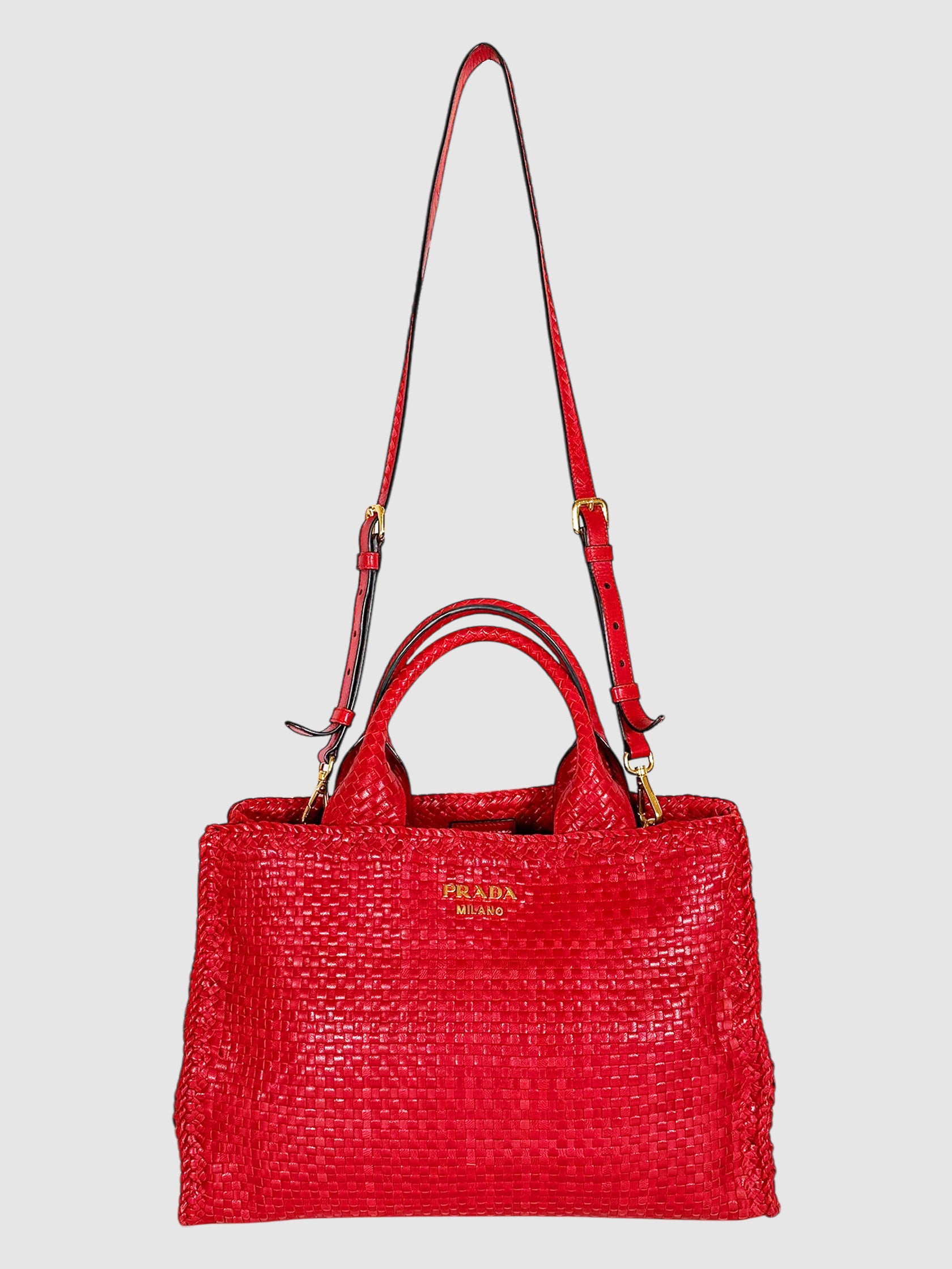 Prada Red Woven Leather Madras Tote Bag Luxury Designer Resale Consignment Toronto