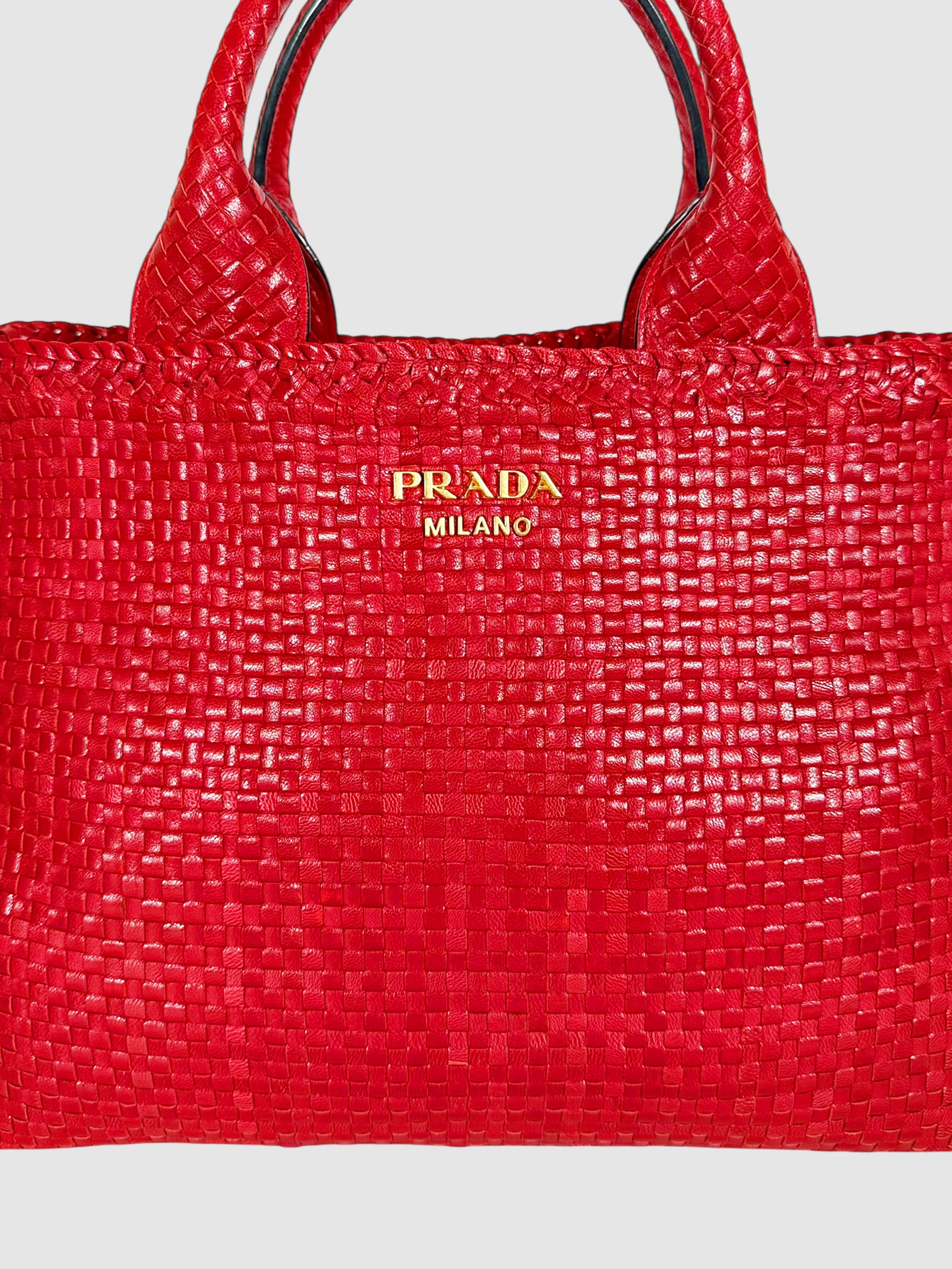 Prada Red Woven Leather Madras Tote Bag Luxury Designer Resale Consignment Toronto