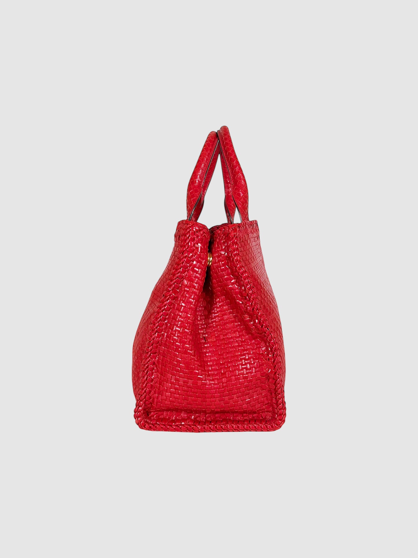 Woven Leather Madras Tote Bag