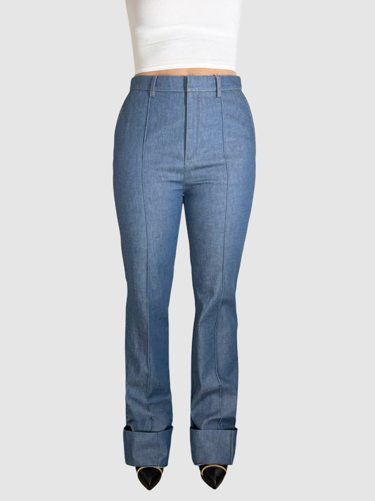 Saint Laurent Blue Pleated High Rise Wide Leg Seamed Jeans, Size FR 38 luxury designer resale consignment secondhand Toronto Canada