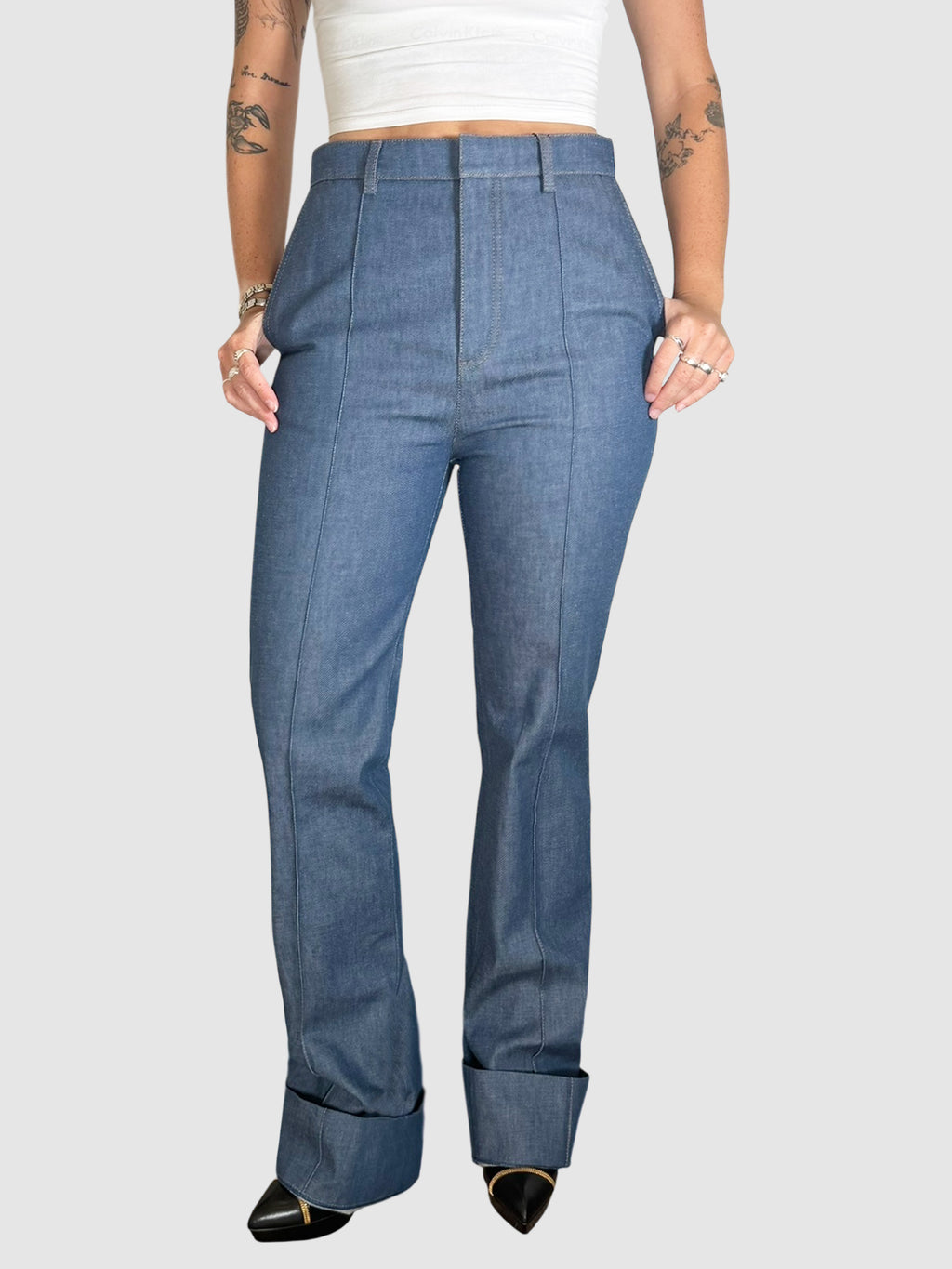 Saint Laurent Blue Pleated High Rise Wide Leg Seamed Jeans, Size FR 38 luxury designer resale consignment secondhand Toronto Canada