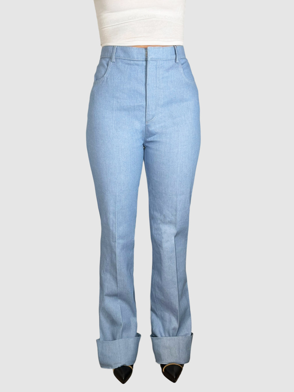 Saint Laurent Light Blue Pleated High Rise Wide Leg Jeans, Size FR 40 luxury designer resale consignment secondhand Toronto Canada