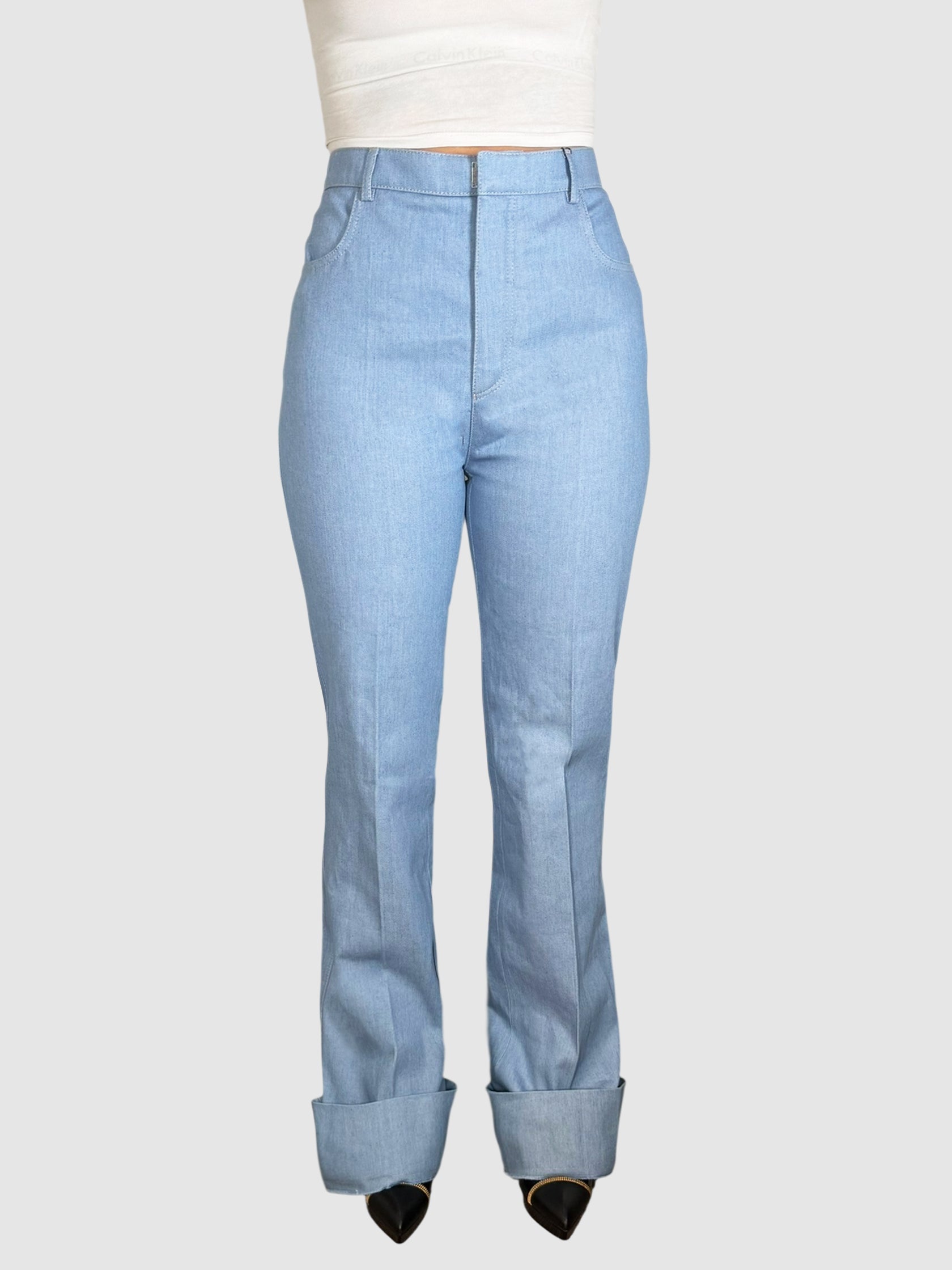 Saint Laurent Light Blue Pleated High Rise Wide Leg Jeans, Size FR 40 luxury designer resale consignment secondhand Toronto Canada