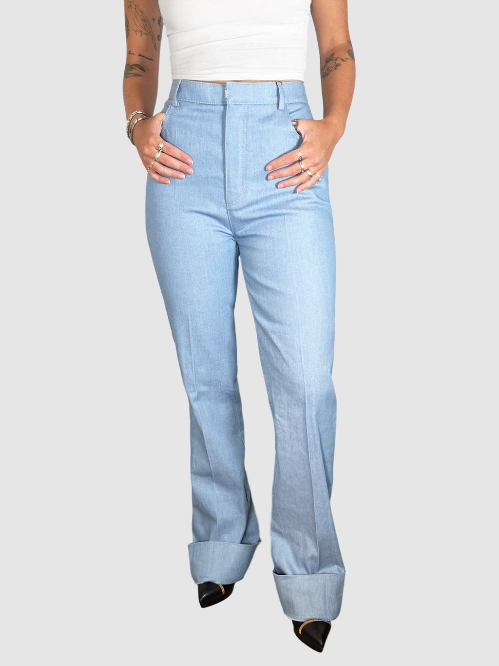 Saint Laurent Light Blue Pleated High Rise Wide Leg Jeans, Size FR 40 luxury designer resale consignment secondhand Toronto Canada