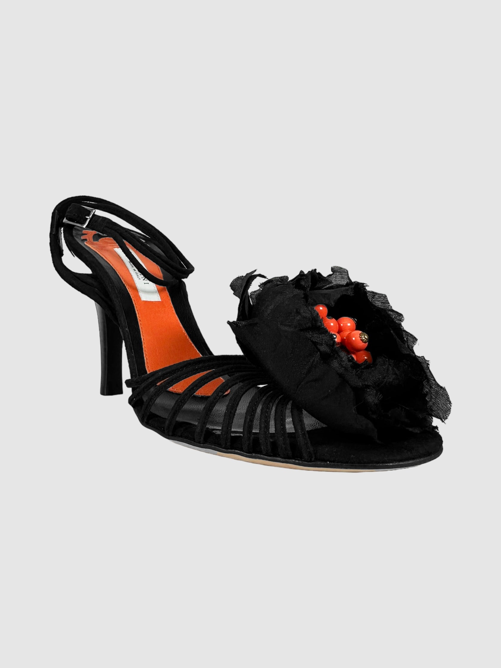 Pollini Black and Orange Flower Embellishment Pumps Size 37.5 Consignment Secondhand Designer Luxury Resale Toronto Trendy