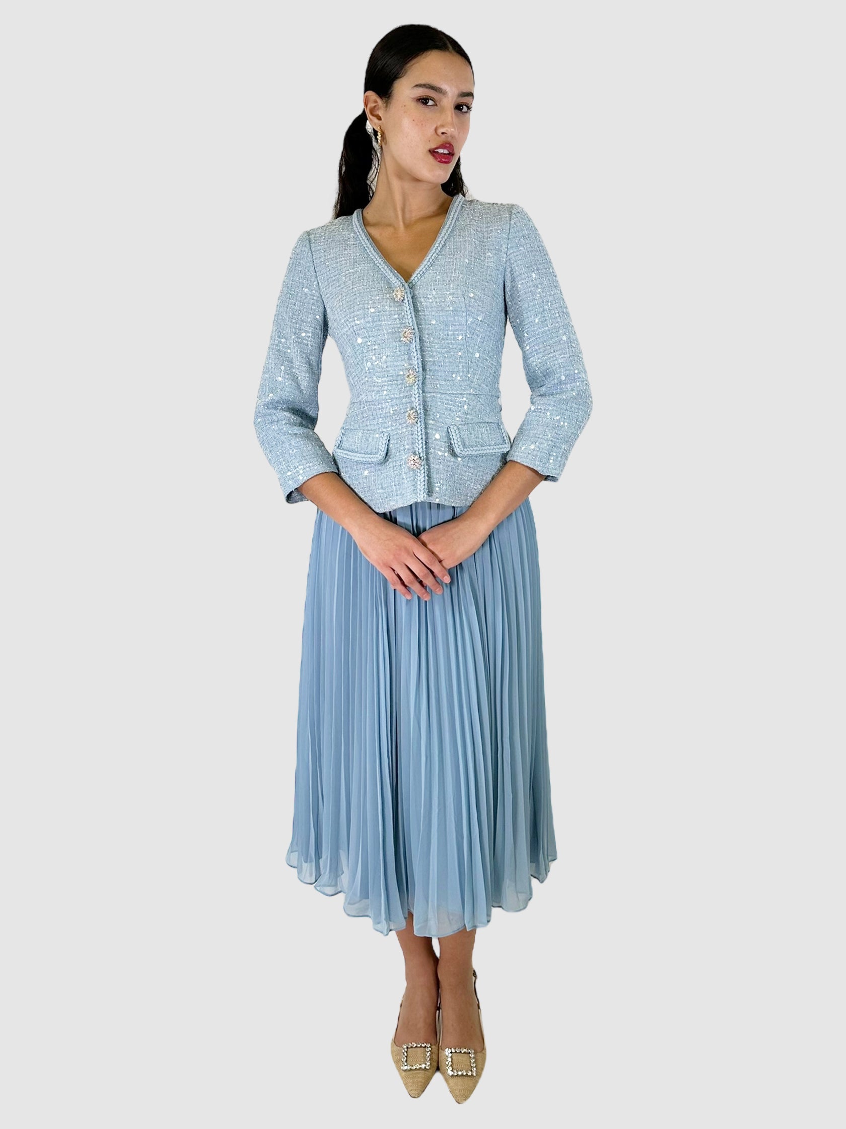 Sequinned Peplum Bouclé Pleated Midi Dress - Size 2