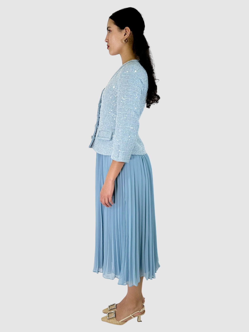 Sequinned Peplum Bouclé Pleated Midi Dress - Size 2