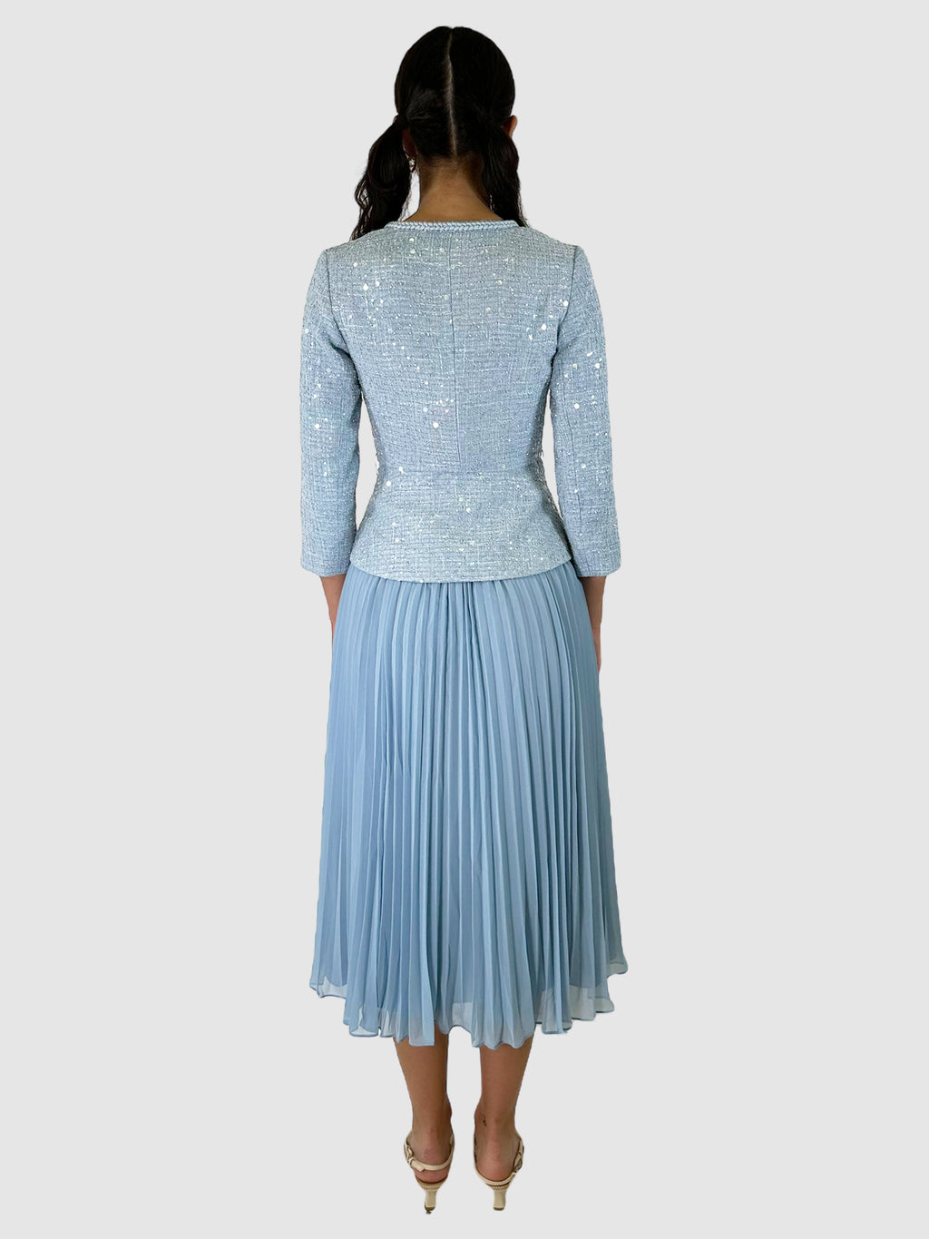 Sequinned Peplum Bouclé Pleated Midi Dress - Size 2