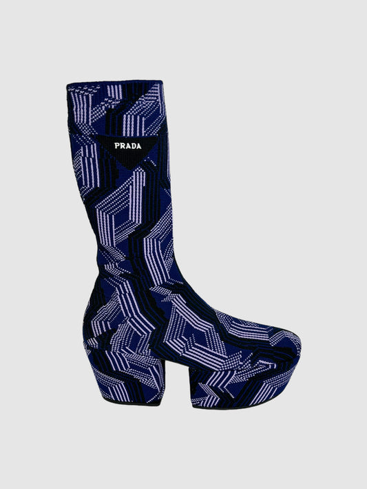 Prada Argyle Knit Stretch Platform Boots in Purple Sock Boot Jacquard Knit Purple Blue 60's Inspired Geometric Pattern
