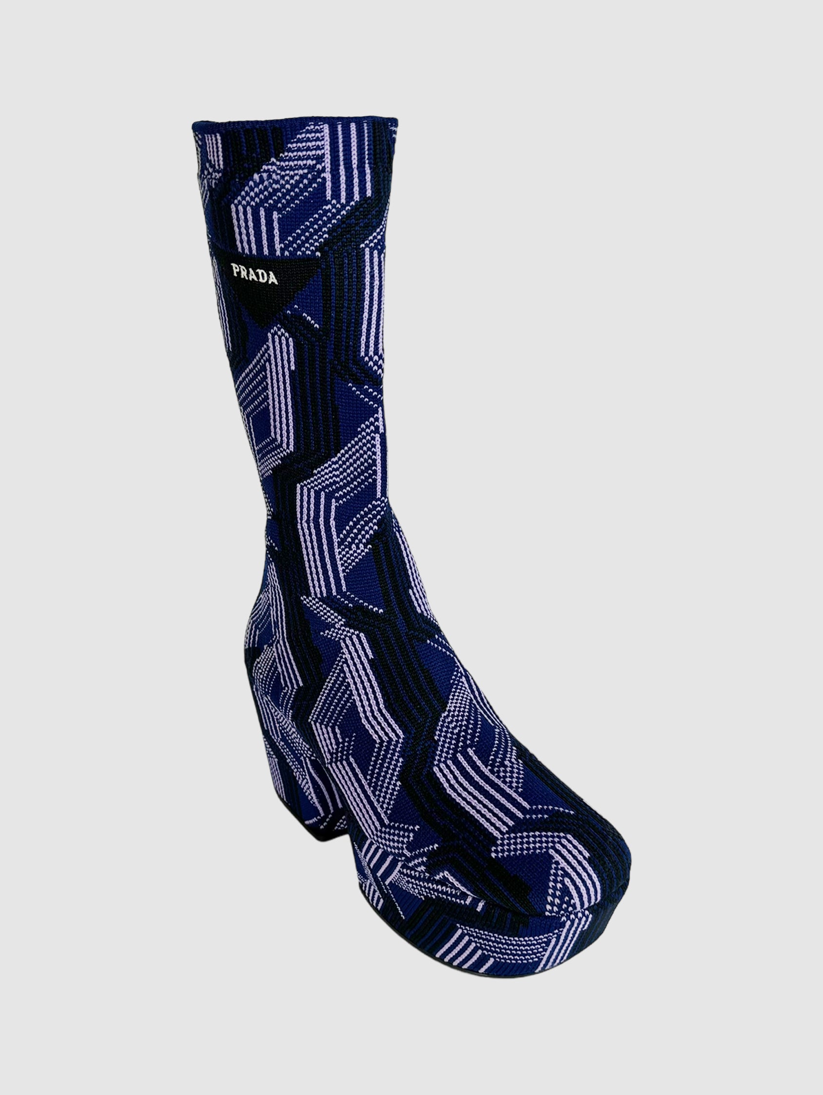 Prada Argyle Knit Stretch Platform Boots in Purple Sock Boot Jacquard Knit Purple Blue 60's Inspired Geometric Pattern